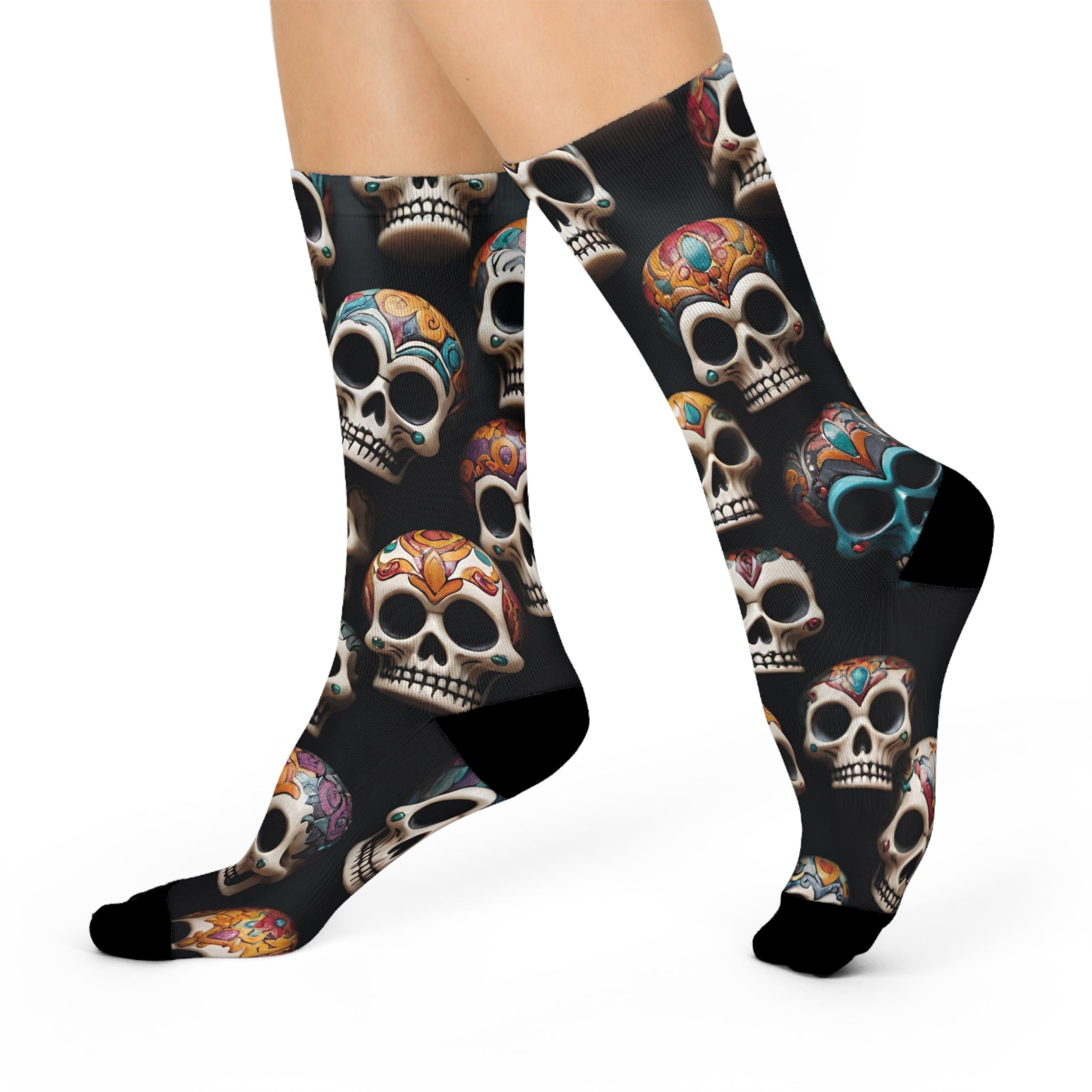 Dia de los Muertos Artistic Skull Socks,Calavera Cascade Abstract Crew Socks