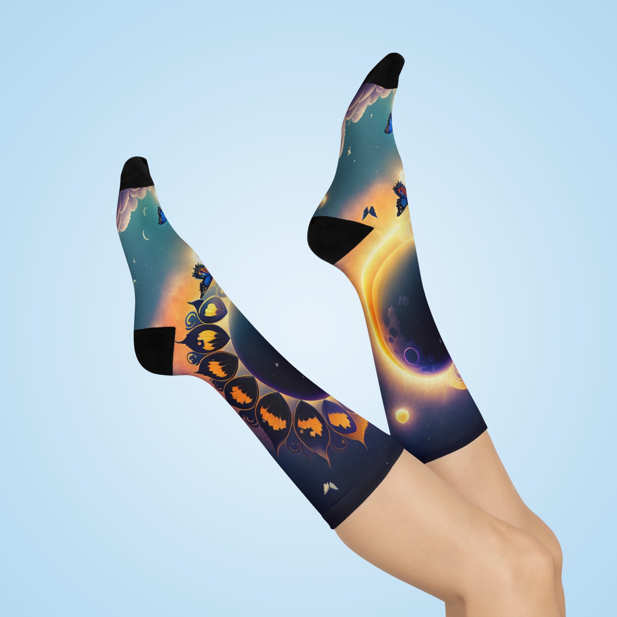 Sunflower Eclipse Butterfly Crew Socks | Moon Sun Sky