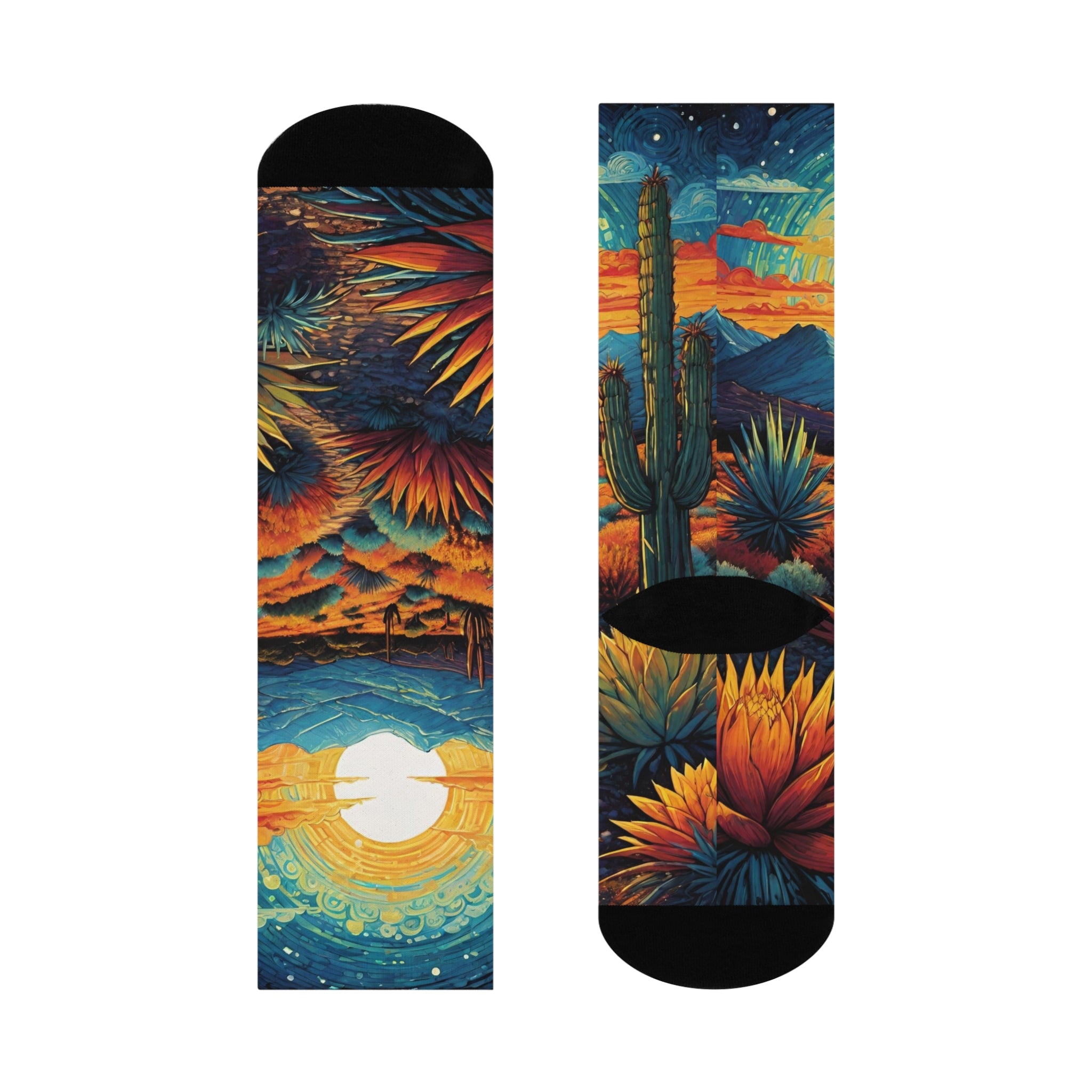 Desert Sunset Landscape Cushioned Crew Socks | Cactus, Sun, Mountains, rocks