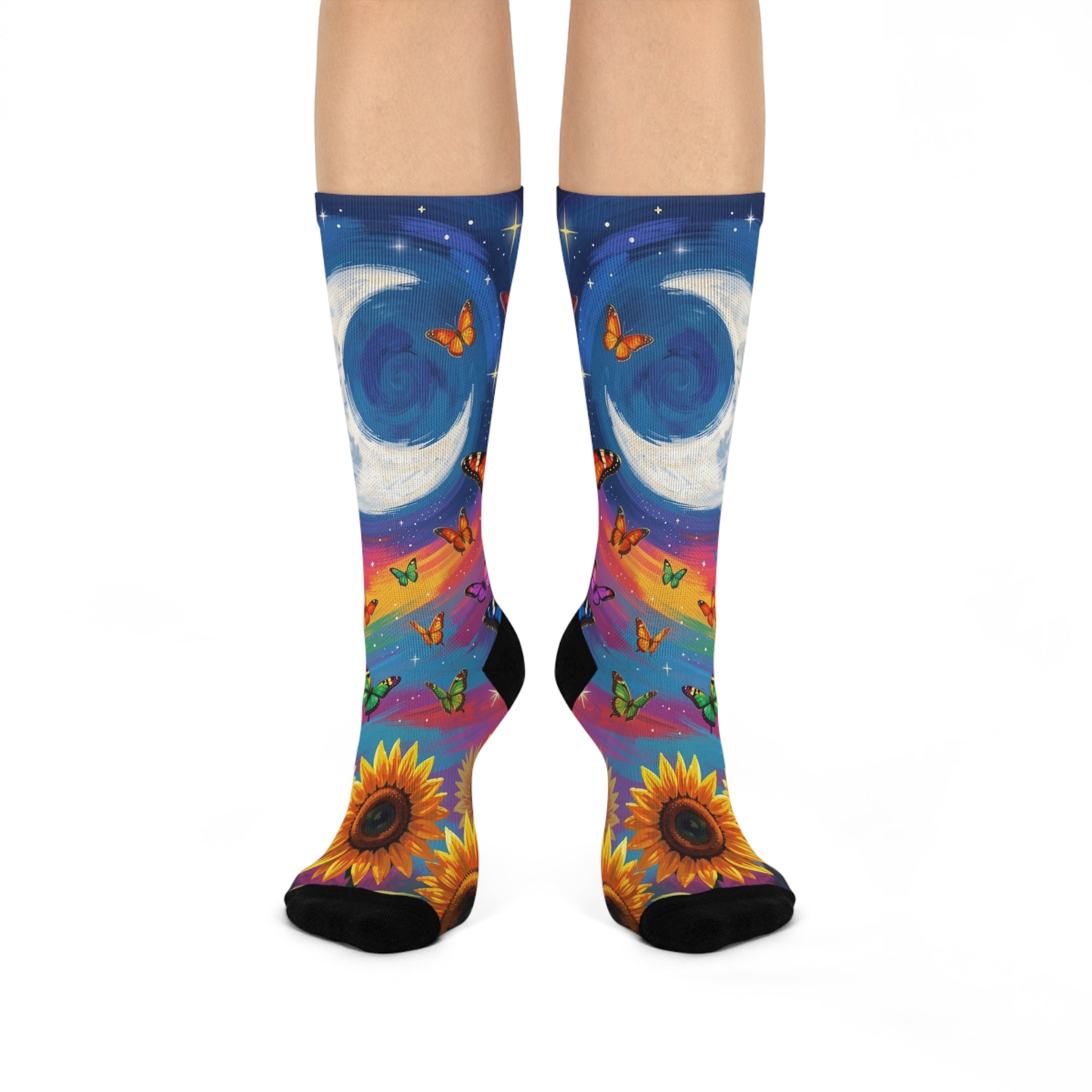 Moon, Rainbow & Sunflower Butterfly Cushioned Crew Socks | Vibrant All-Over Print