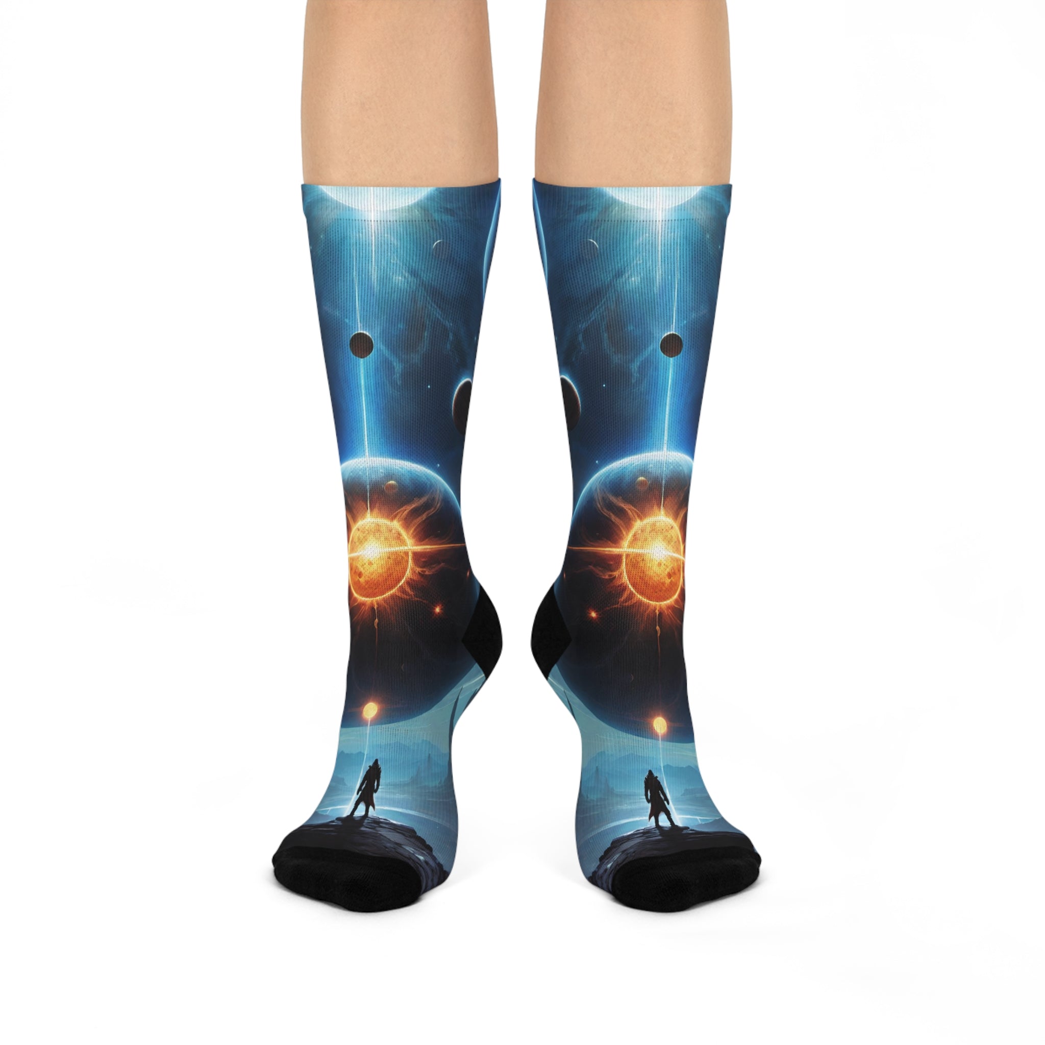Epic Deep Space Galaxy Crew Socks, Sci-Fi Planet Landscape Long Socks, comma; Vibrant Celestial Sun Cosmic Apparel.
