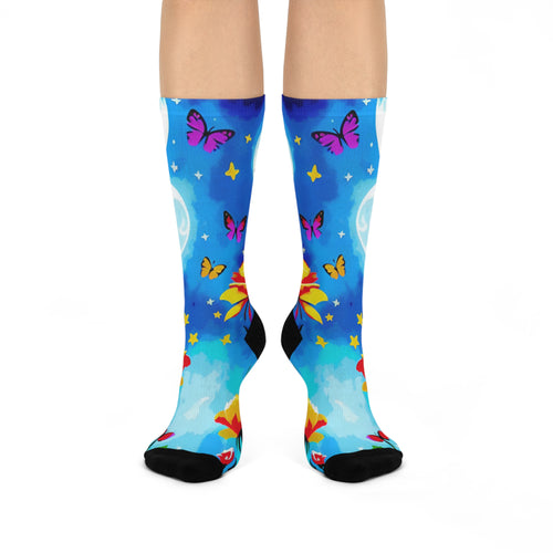 Butterfly Moon Floral Cushioned Crew Socks | Blue Night Sky Socks