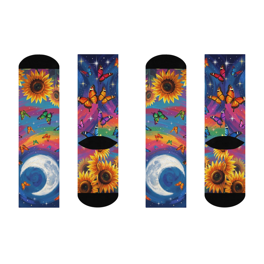 Moon, Rainbow & Sunflower Butterfly Cushioned Crew Socks | Vibrant All-Over Print