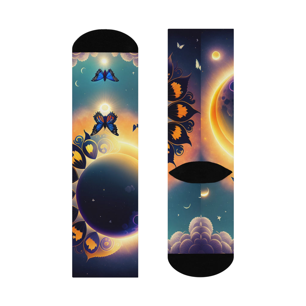 Sunflower Eclipse Butterfly Crew Socks | Moon Sun Sky