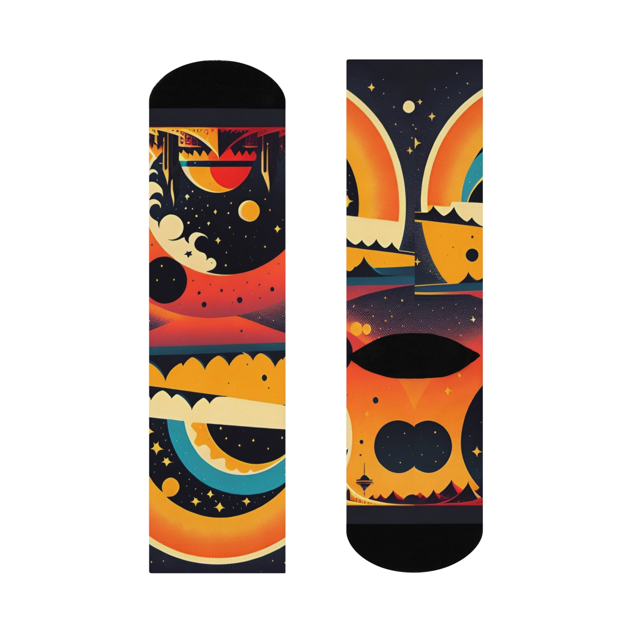 Retro Rainbow Sunset Moon & Stars Cushioned Crew Socks | Cosmic Landscape
