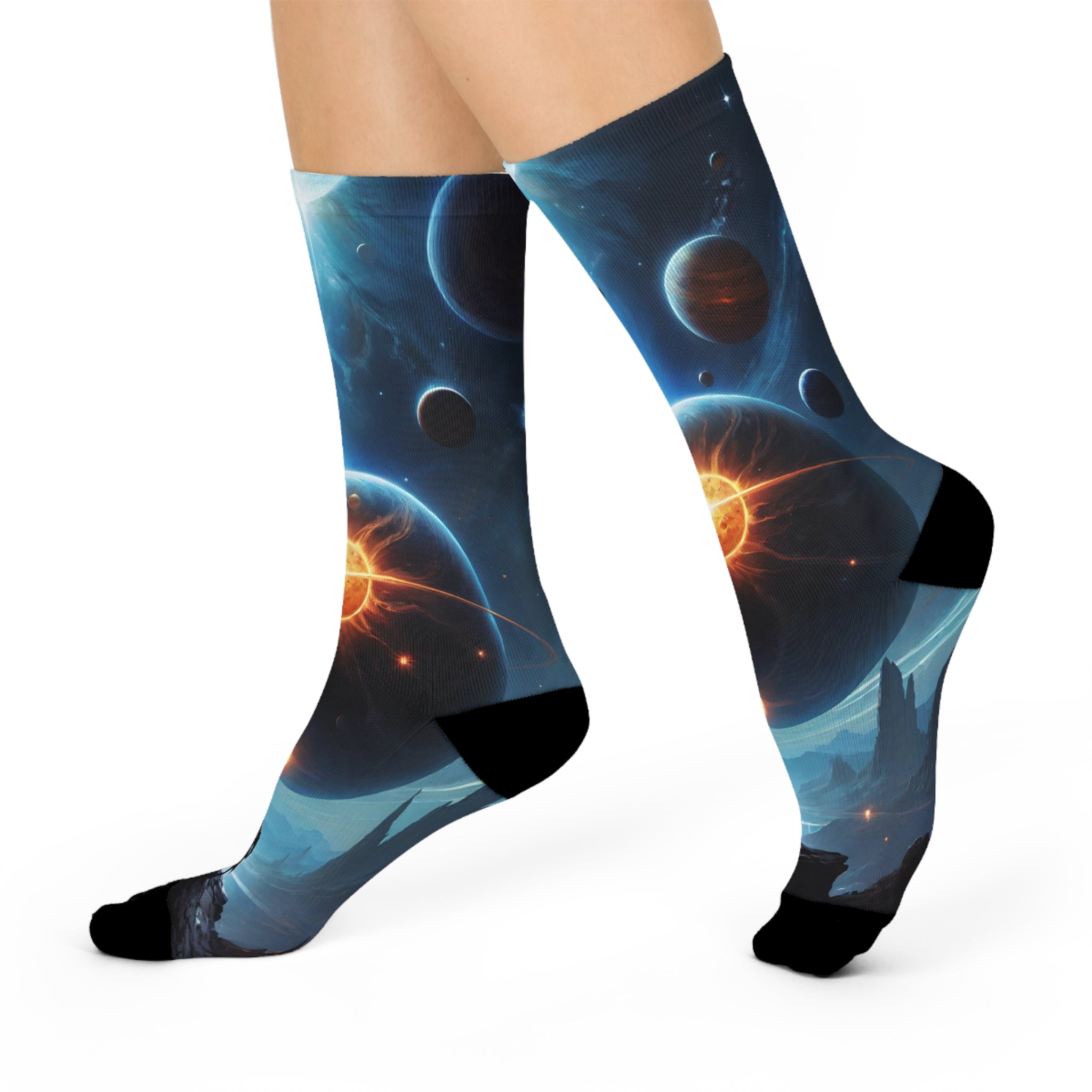 Epic Deep Space Galaxy Crew Socks, Sci-Fi Planet Landscape Long Socks, comma; Vibrant Celestial Sun Cosmic Apparel.