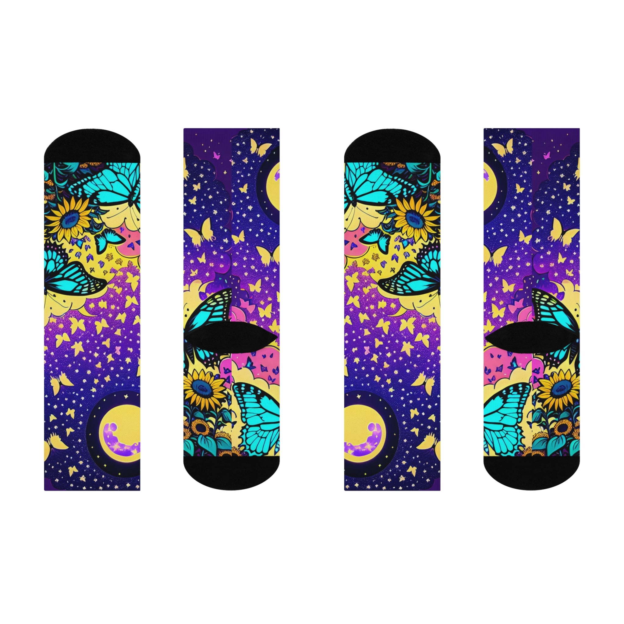 Moonlit and Blue Butterflies Sunflower Crew Socks | Purple Blue Gradient Night Sky