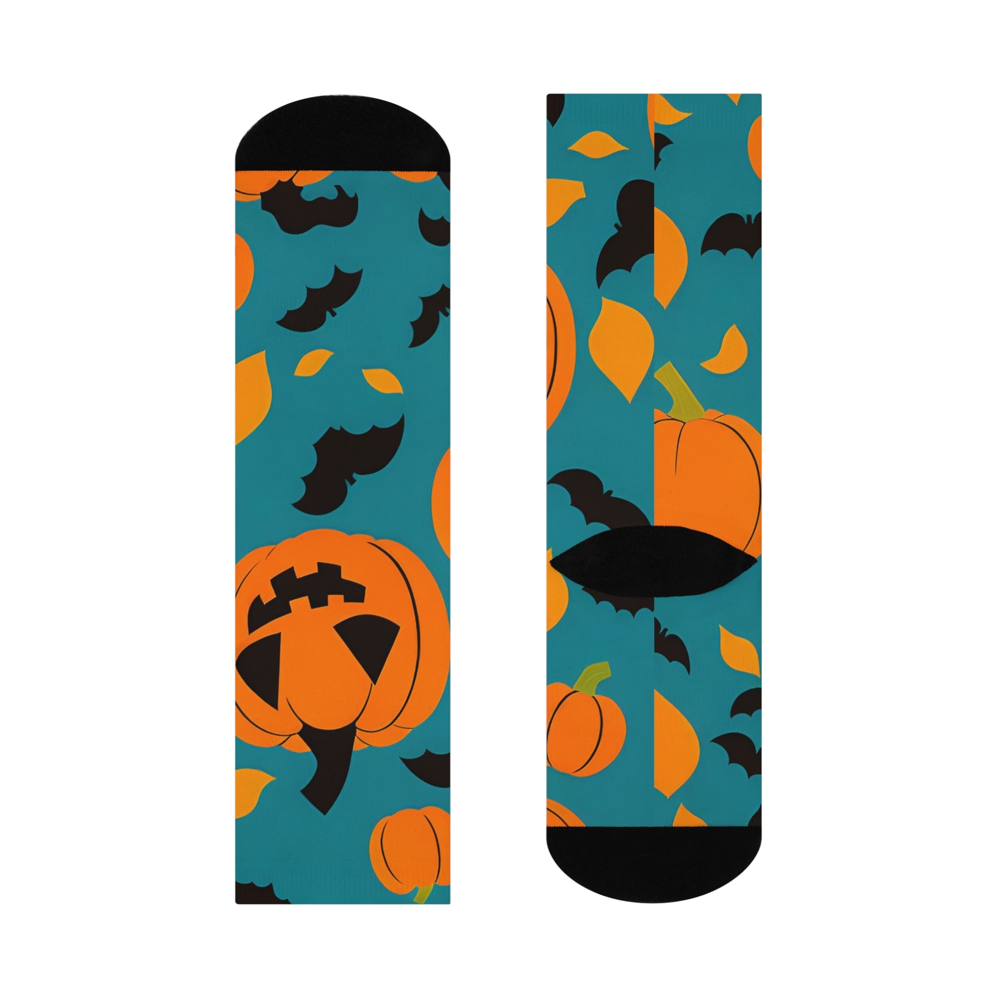 Jack-o'-Lantern Pumpkin and Bats Cushioned Crew Socks | Halloween | Teal Background