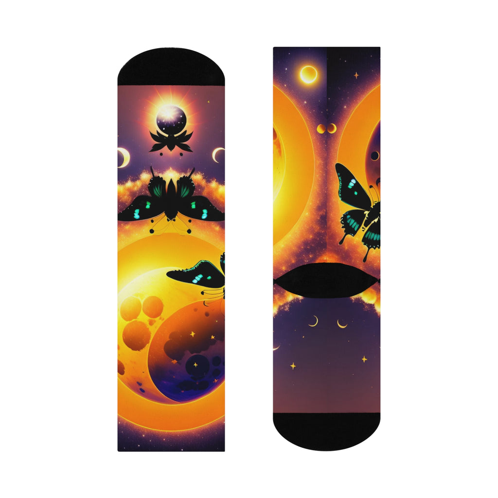 Surreal Sunset Moon Butterfly Crew Socks | Cosmic Night Sky
