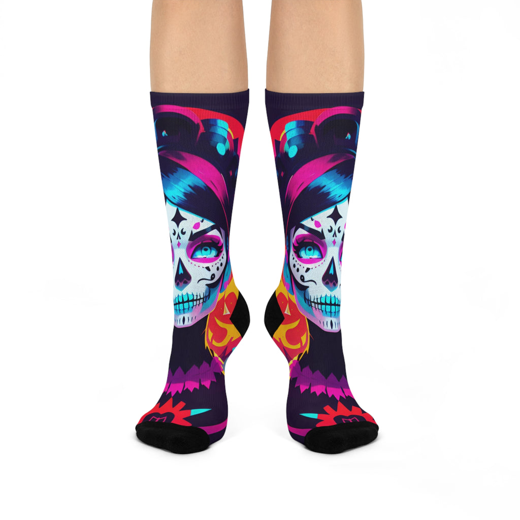 Catrina Calavera Colorful Day of the Dead Cushioned Crew Socks | Sugar Skull All-Over Print
