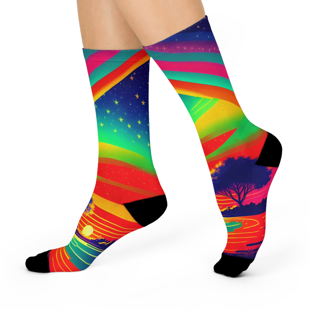 Psychedelic Rainbow Sunset Tree Socks | Crew Socks