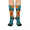 Jack-o'-Lantern Pumpkin and Bats Cushioned Crew Socks | Halloween | Teal Background
