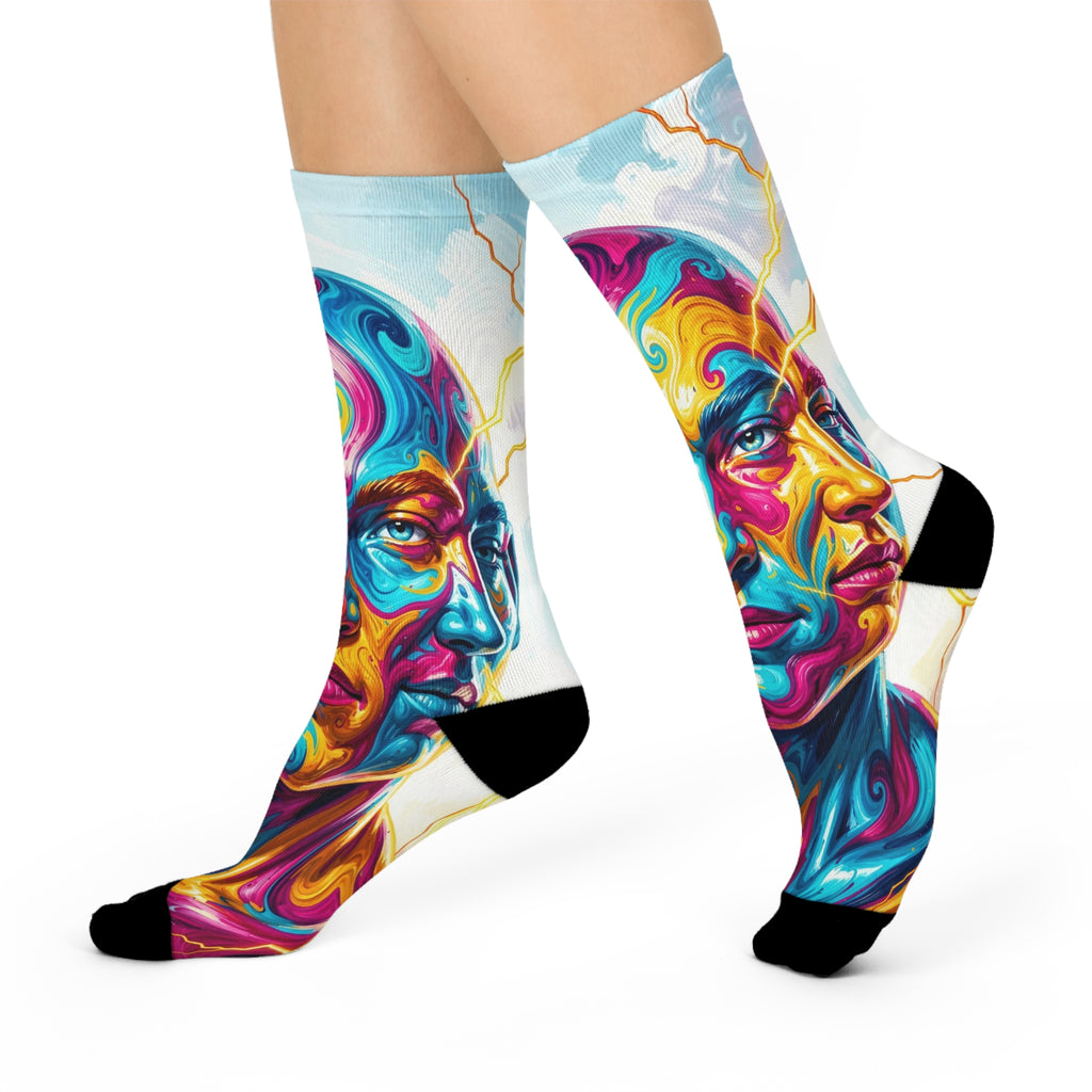 Psychedelic Cosmic Mind Crew Socks - Colorful Surreal Abstract Face Long Socks; Vibrant Spiritual Swirl Pattern Apparel.