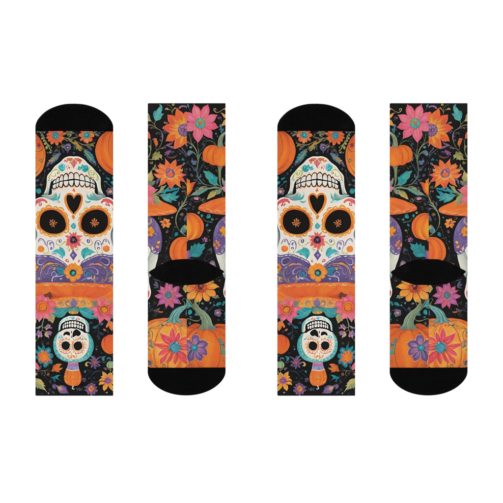 Sugar Skull Pumpkin Socks | Crew Socks, Day of the Dead Floral Pattern