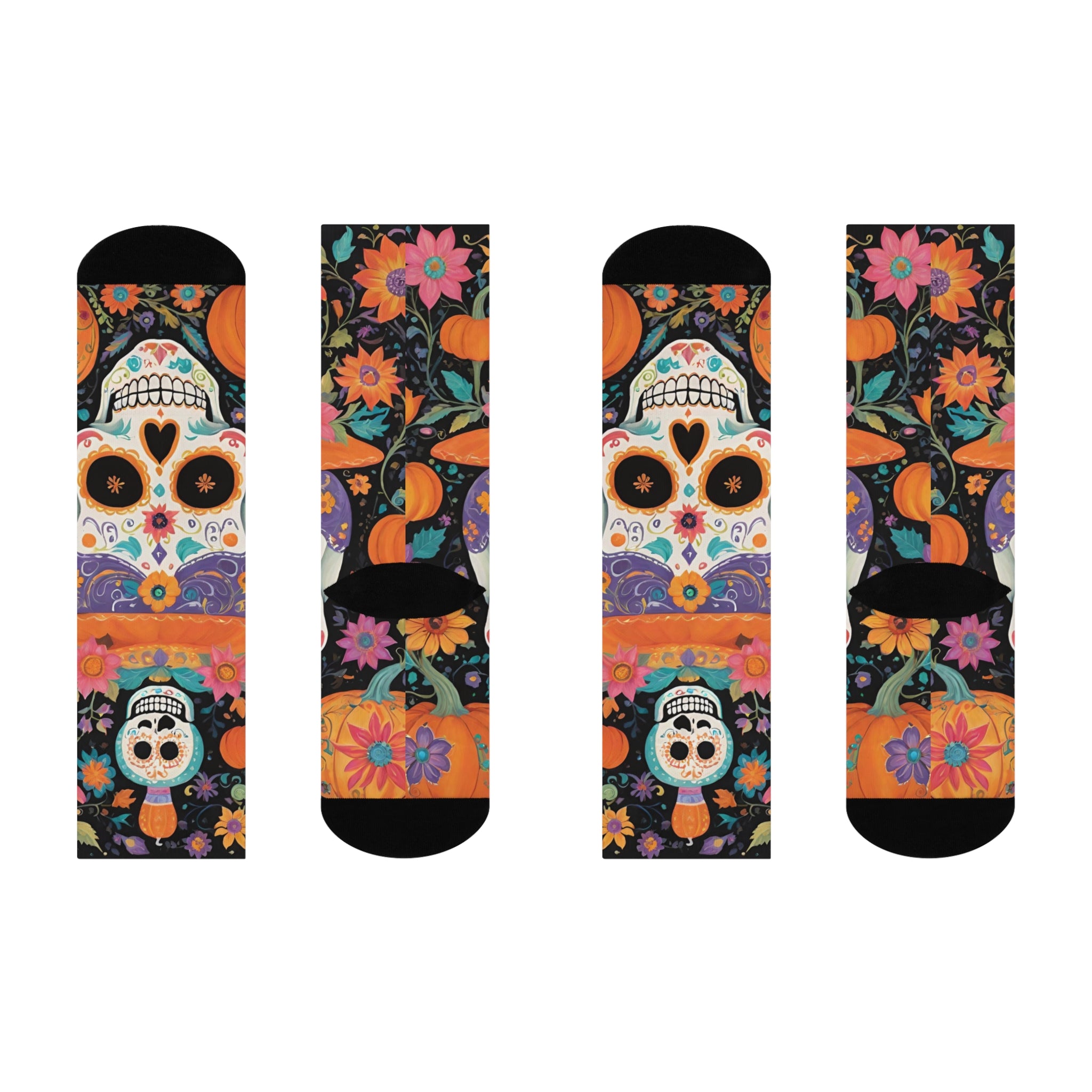 Sugar Skull Pumpkin Socks | Crew Socks, Day of the Dead Floral Pattern