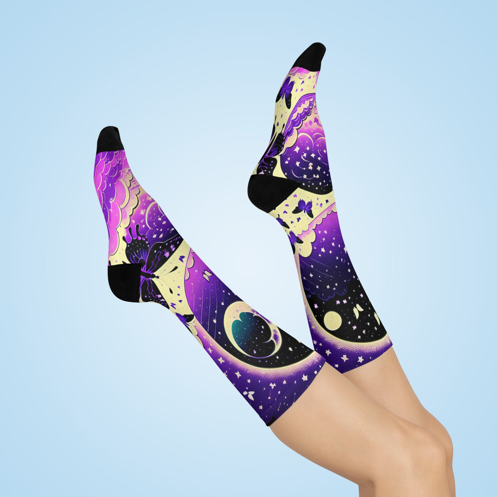 Moonlit Butterfly Night Socks | Purple Galaxy Crew Socks