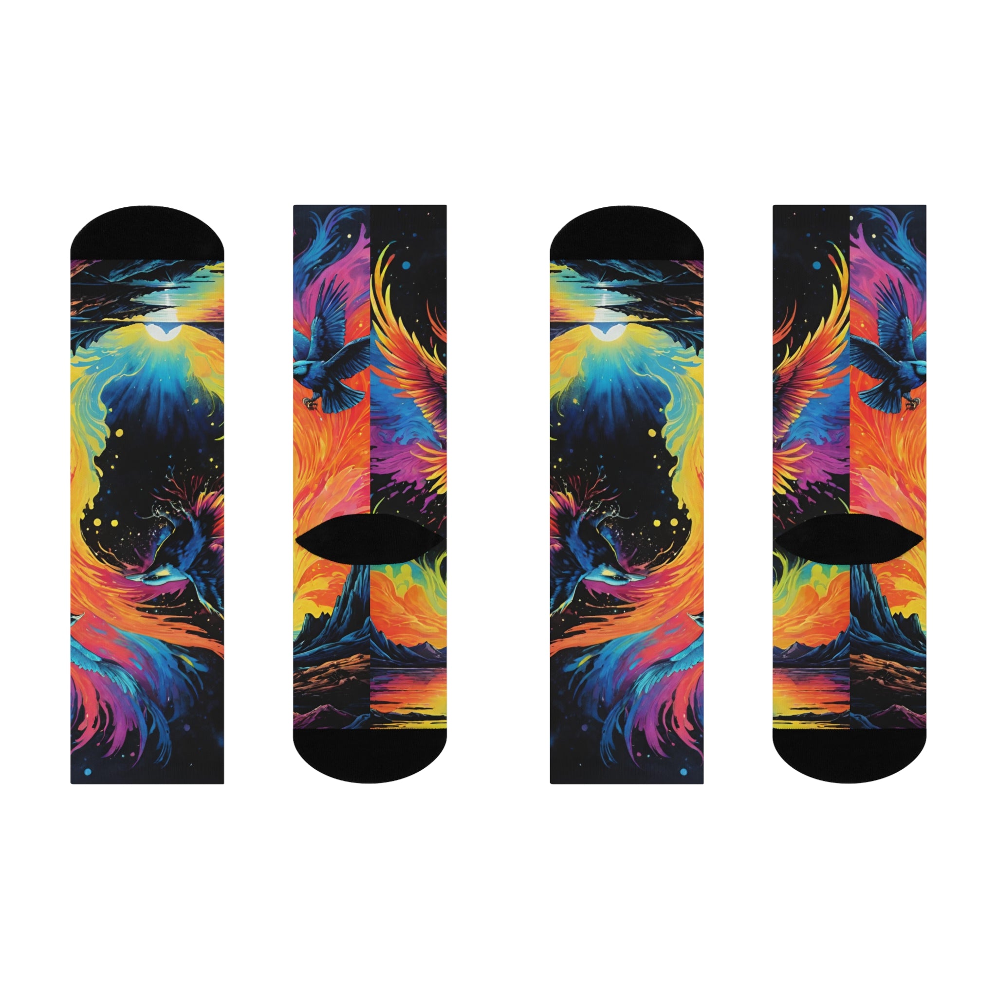 Rainbow Phoenix Socks | Colorful Bird Crew Socks, Cosmic Flame Design