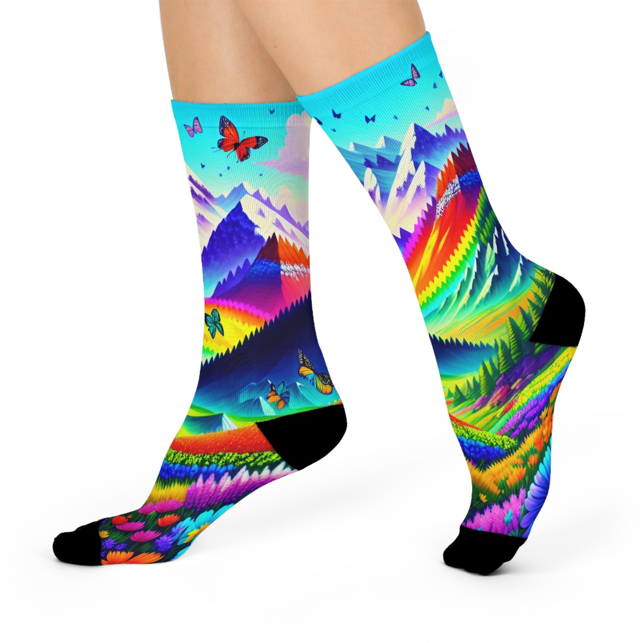 Rainbow Alpine Mountain Crew Socks-Vibrant Butterfly and Snowy Peak Art 2