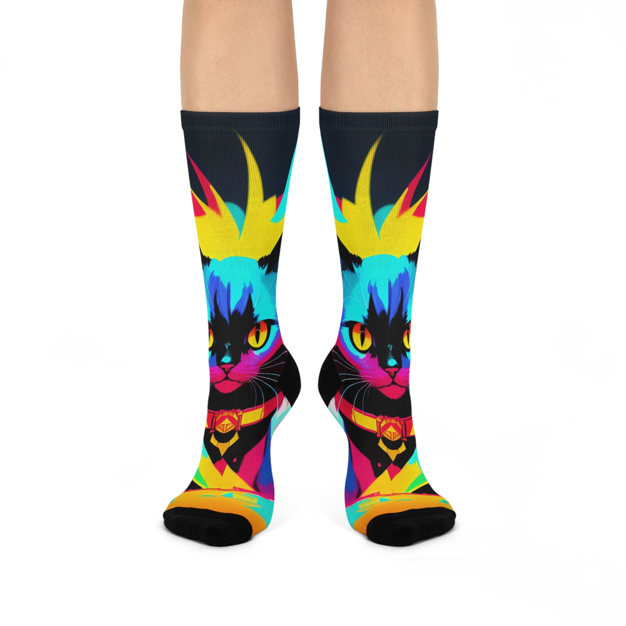 Neon Pop Cat Cushioned Crew Socks | Colorful Feline Graphic
