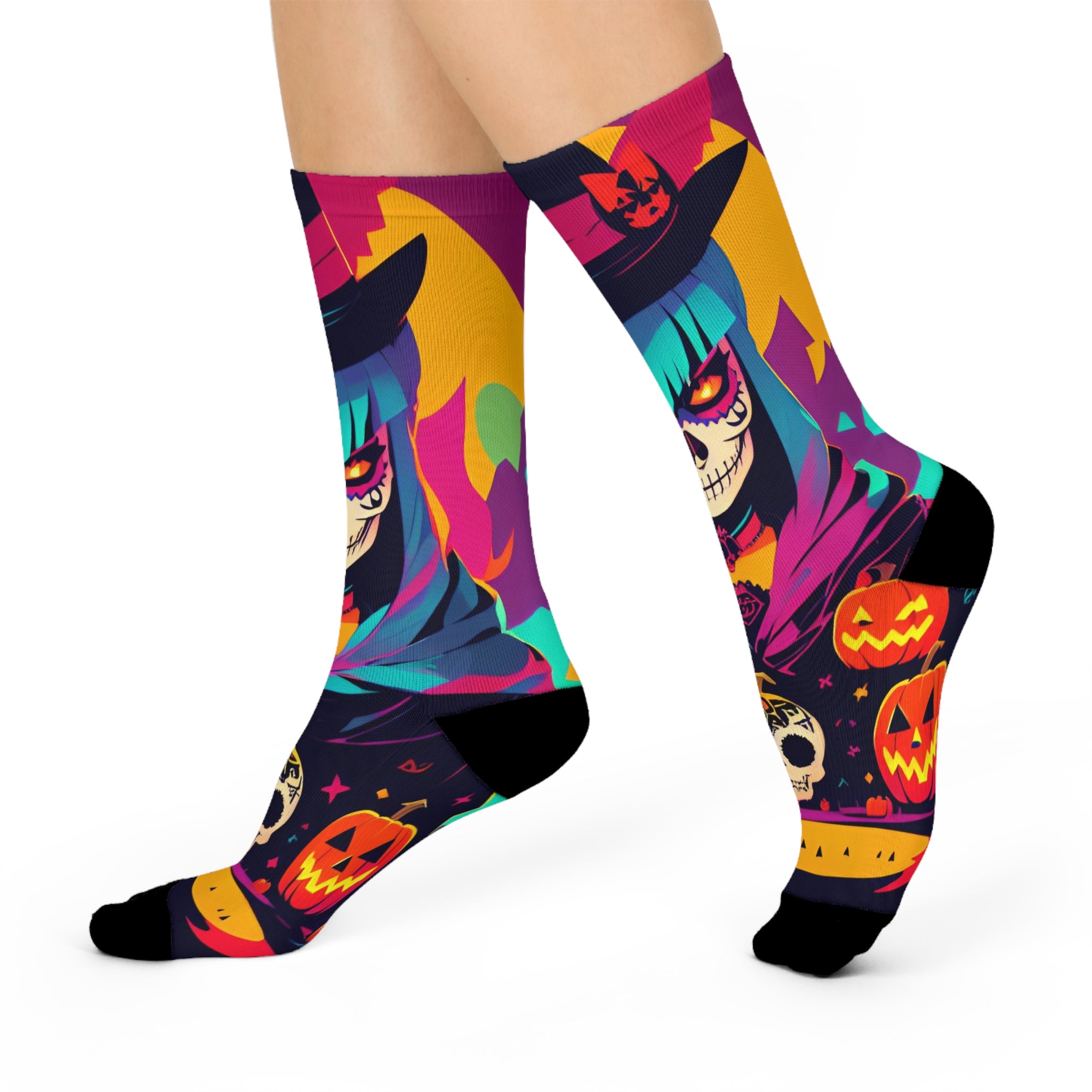 Day of the Dead Witch Cushion Crew Socks | Halloween Skull Pumpkins