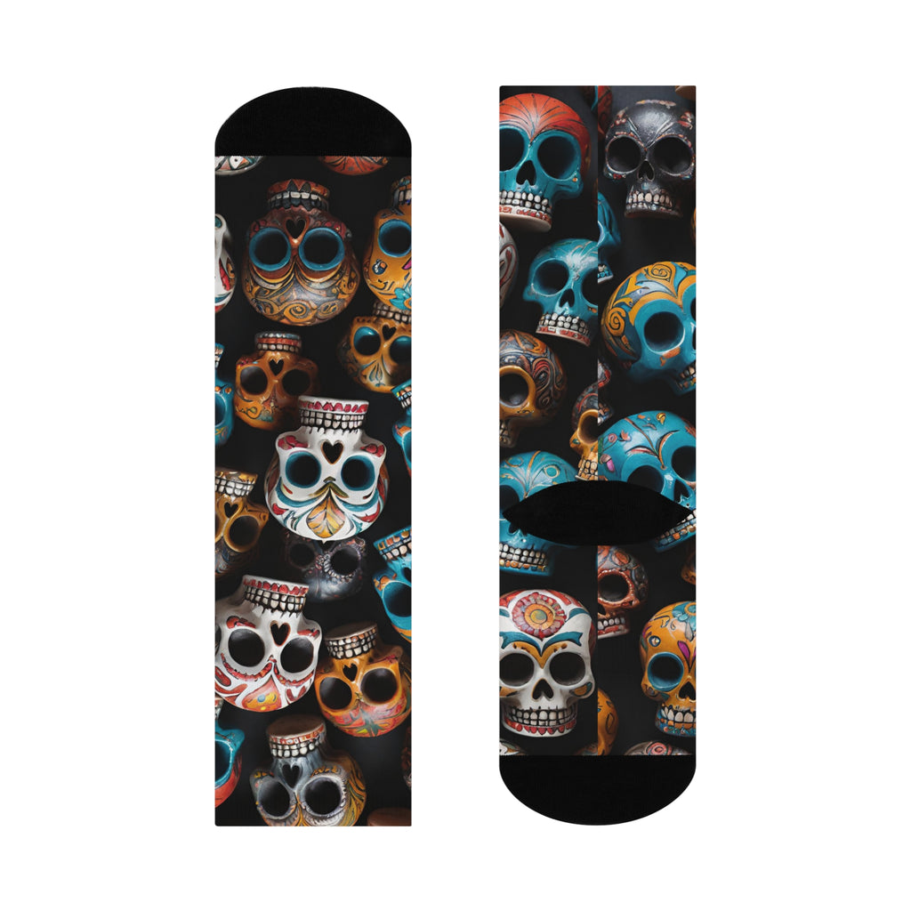Colorful Sugar Skull Pattern Cushioned Crew Socks | Day of the Dead Skull Socks