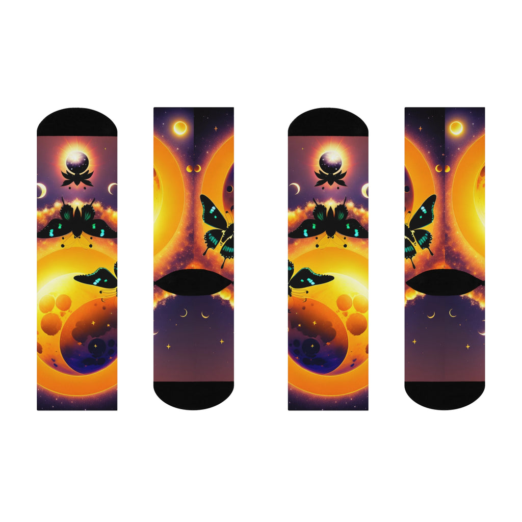 Surreal Sunset Moon Butterfly Crew Socks | Cosmic Night Sky