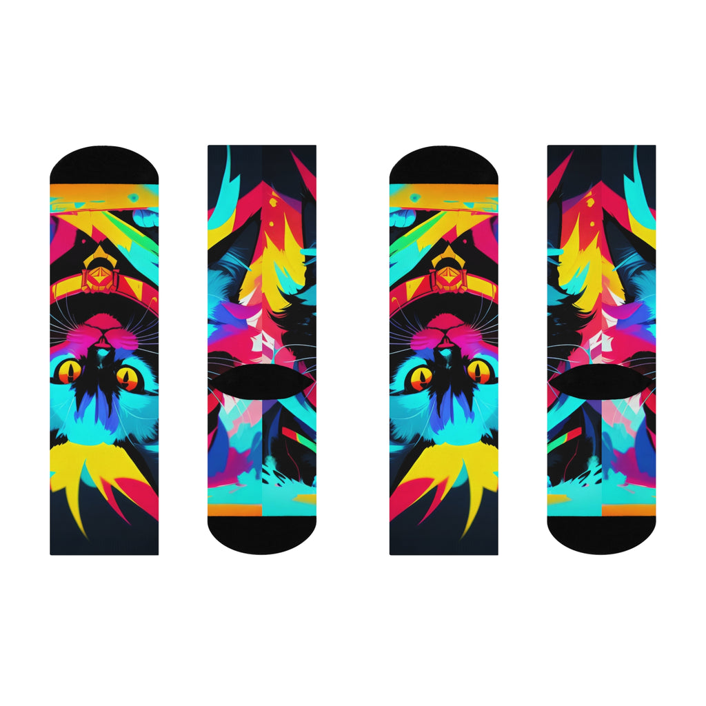Neon Pop Cat Cushioned Crew Socks | Colorful Feline Graphic