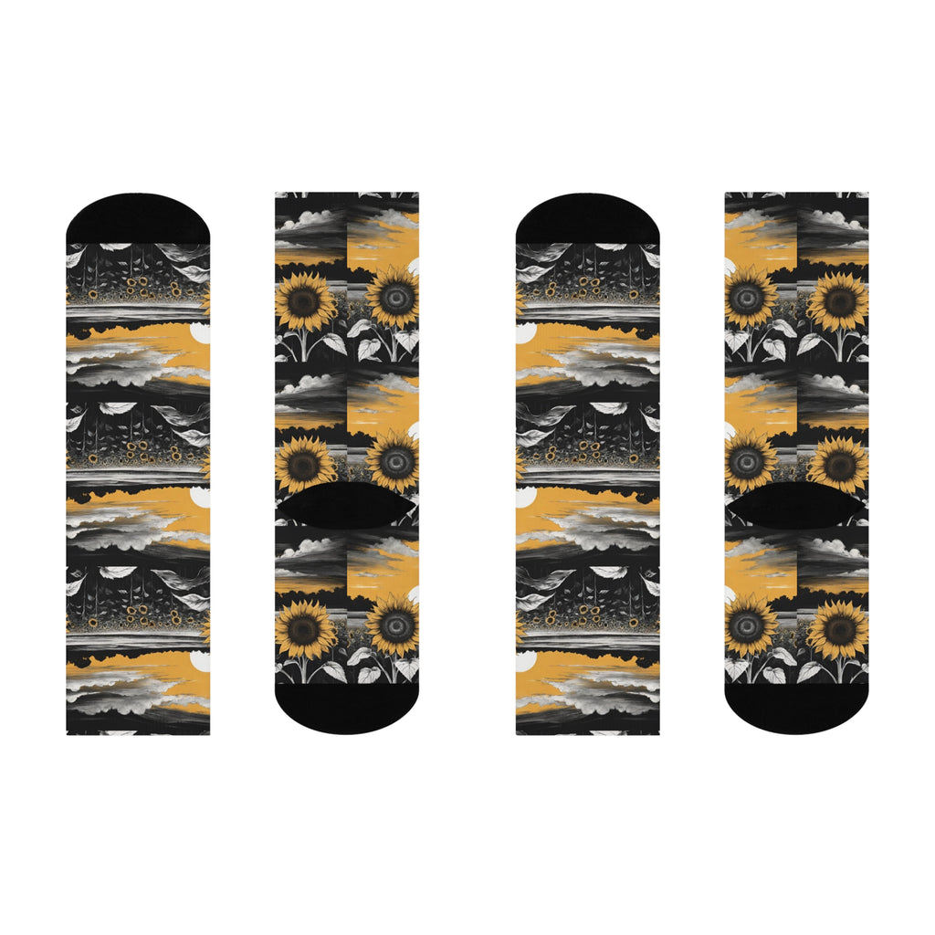 Vintage Sunflower Field Crew Socks - Aesthetic Black and Gold Landscape Long Socks; Artistic Nature Sunrise Pattern Apparel.