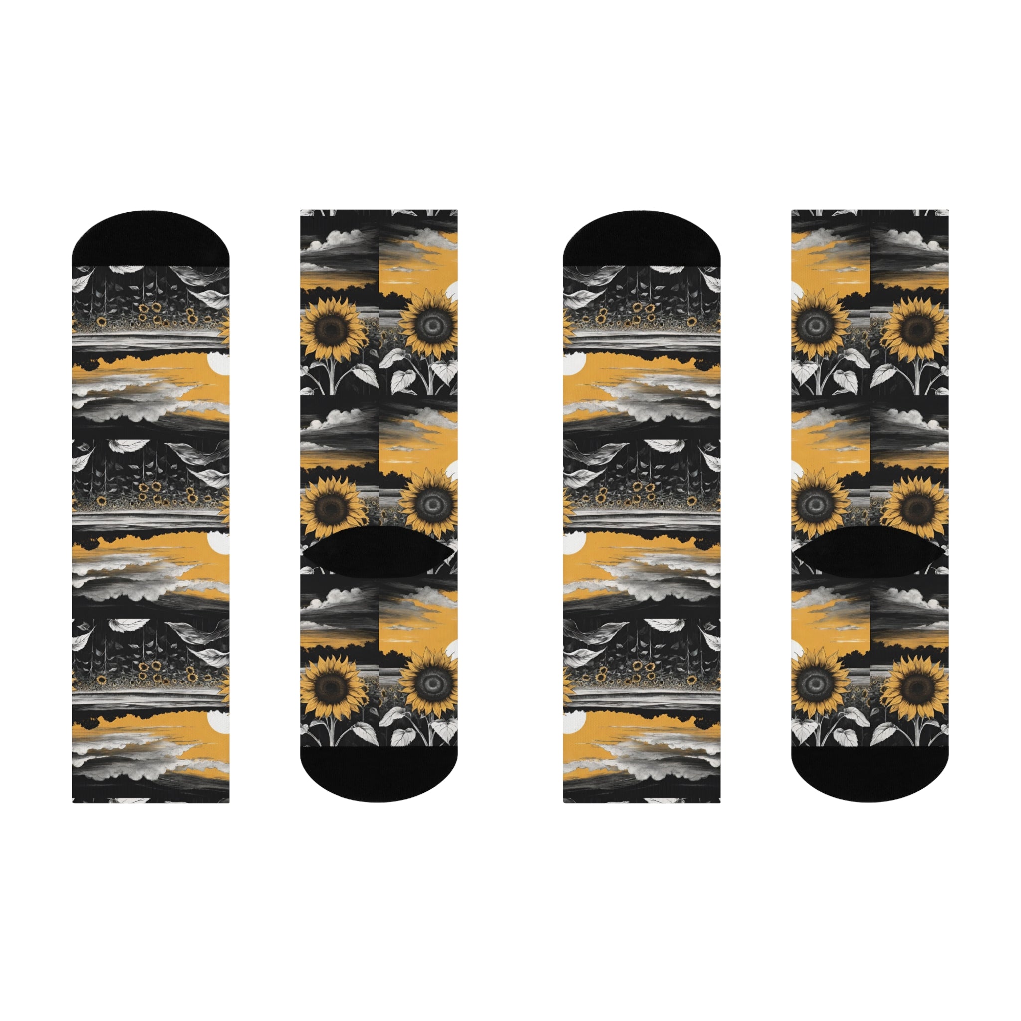 Vintage Sunflower Field Crew Socks - Aesthetic Black and Gold Landscape Long Socks; Artistic Nature Sunrise Pattern Apparel.