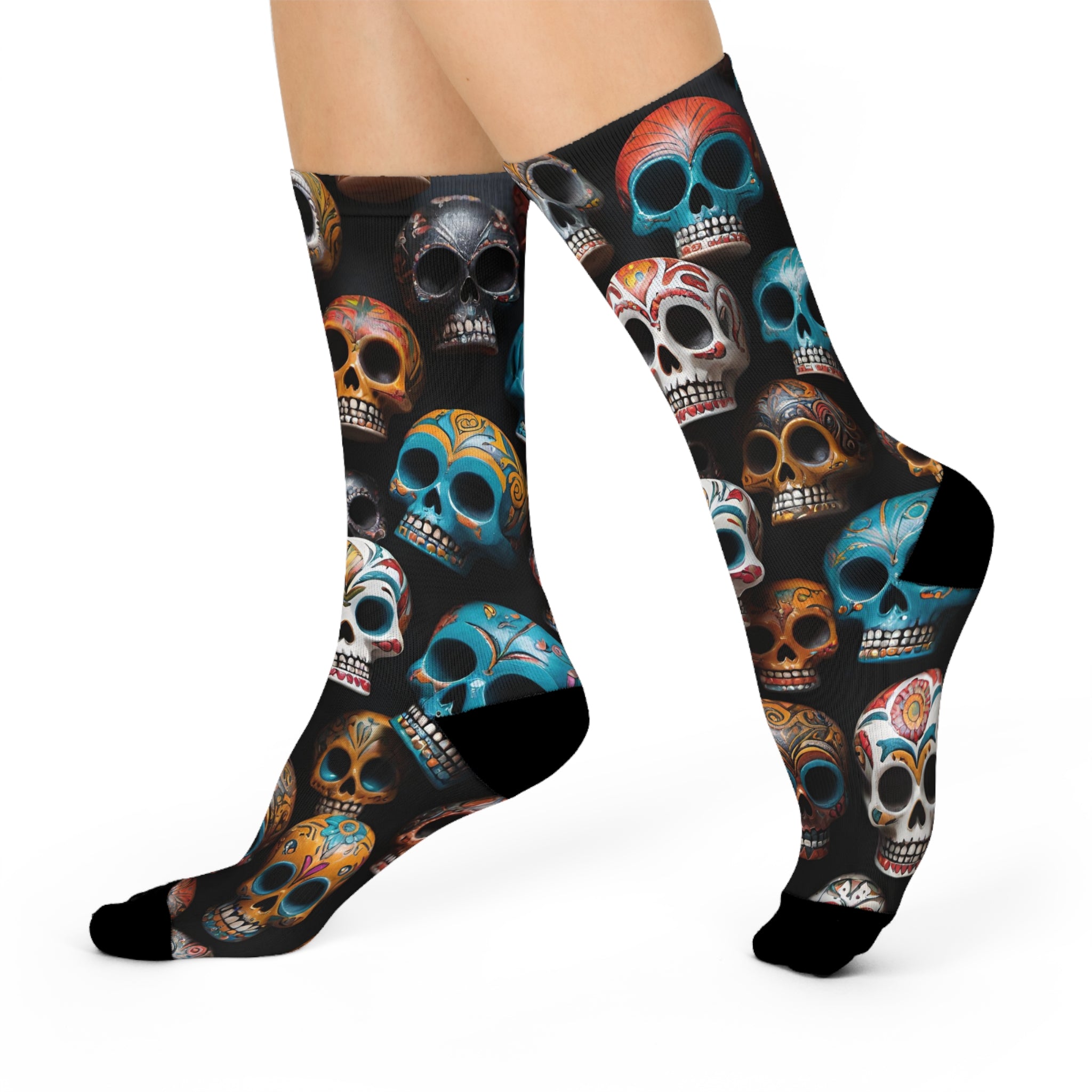 Colorful Sugar Skull Pattern Cushioned Crew Socks | Day of the Dead Skull Socks