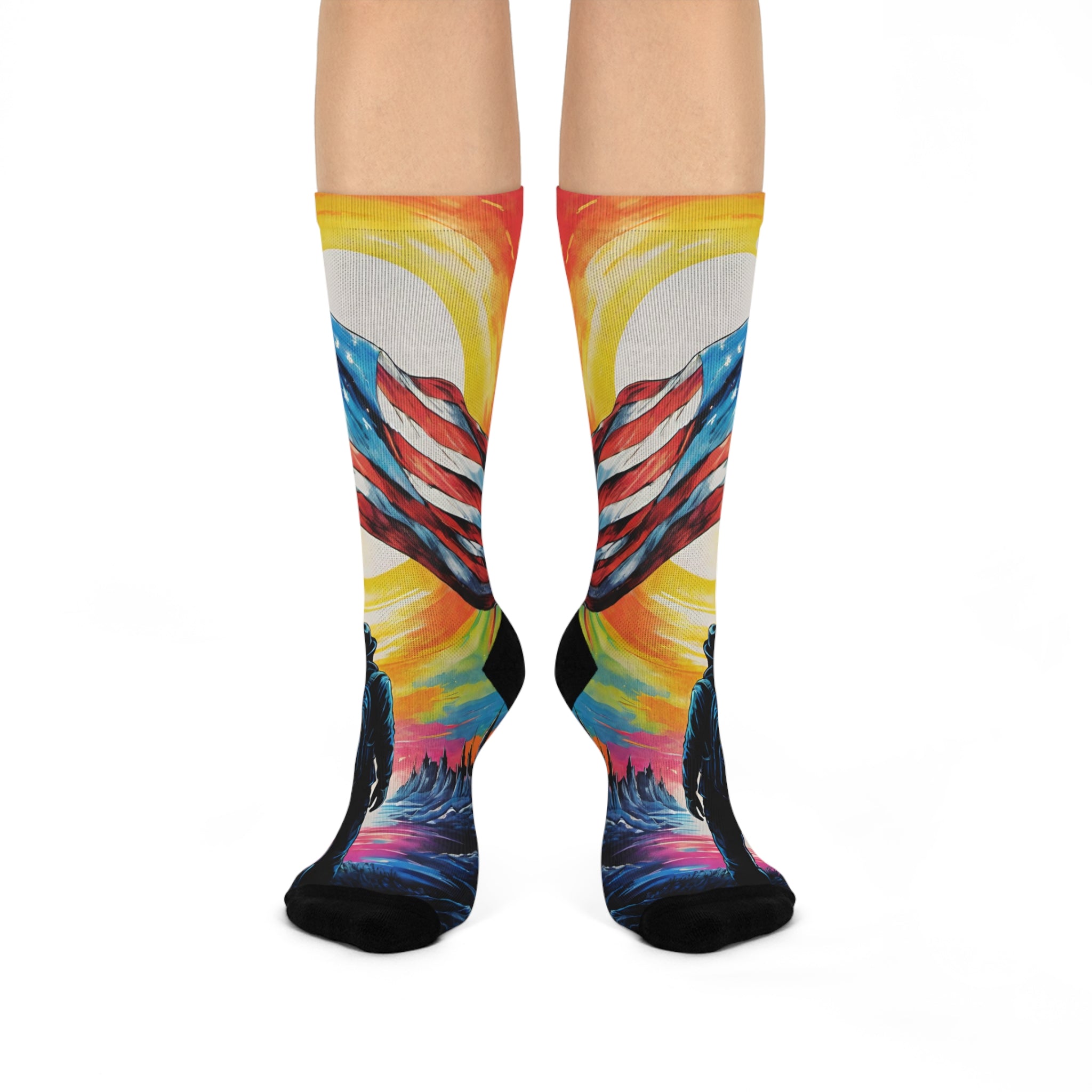 Soldier Holding American Flag Cushioned Crew Socks | Patriotic Sunset Design