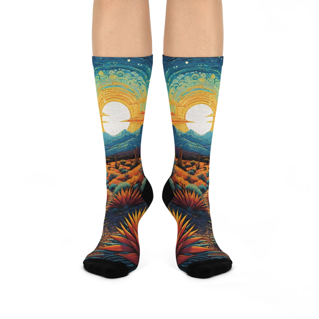 Desert Sunset Landscape Cushioned Crew Socks | Cactus, Sun, Mountains, rocks