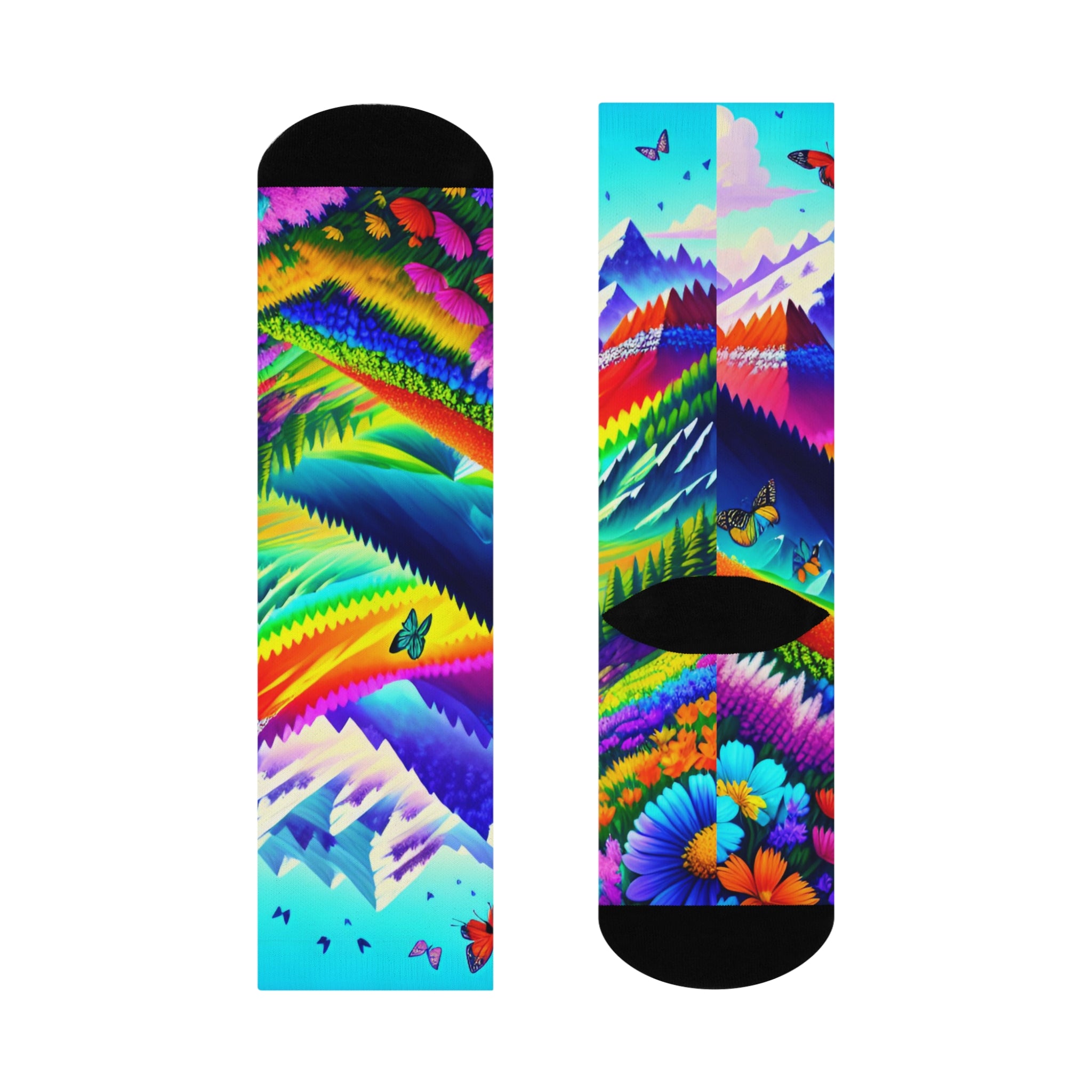 Rainbow Alpine Mountain Crew Socks-Vibrant Butterfly and Snowy Peak Art 2