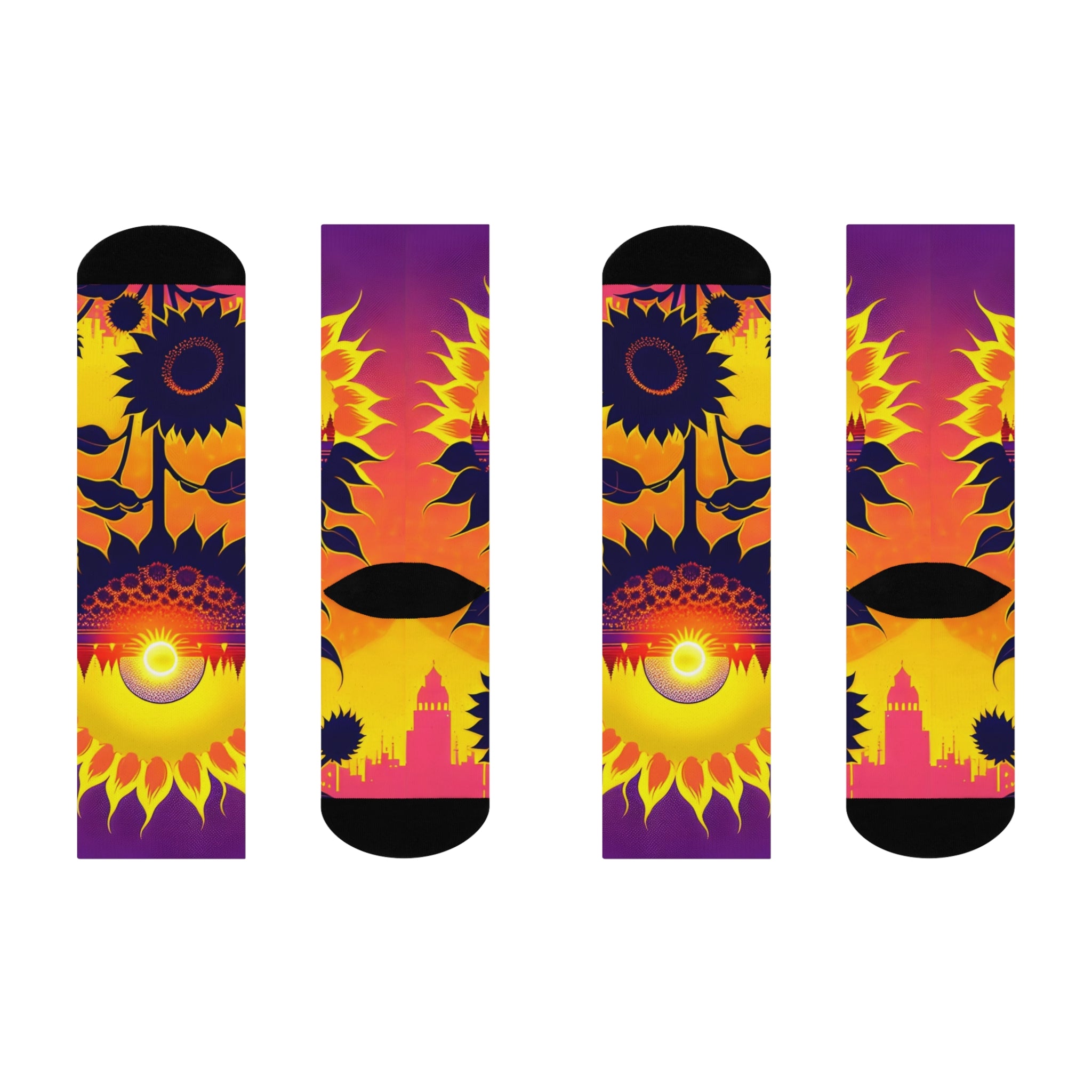 Ethereal Sunflower Eclipse Socks-Surreal Floral and Celestial Horizon Art.