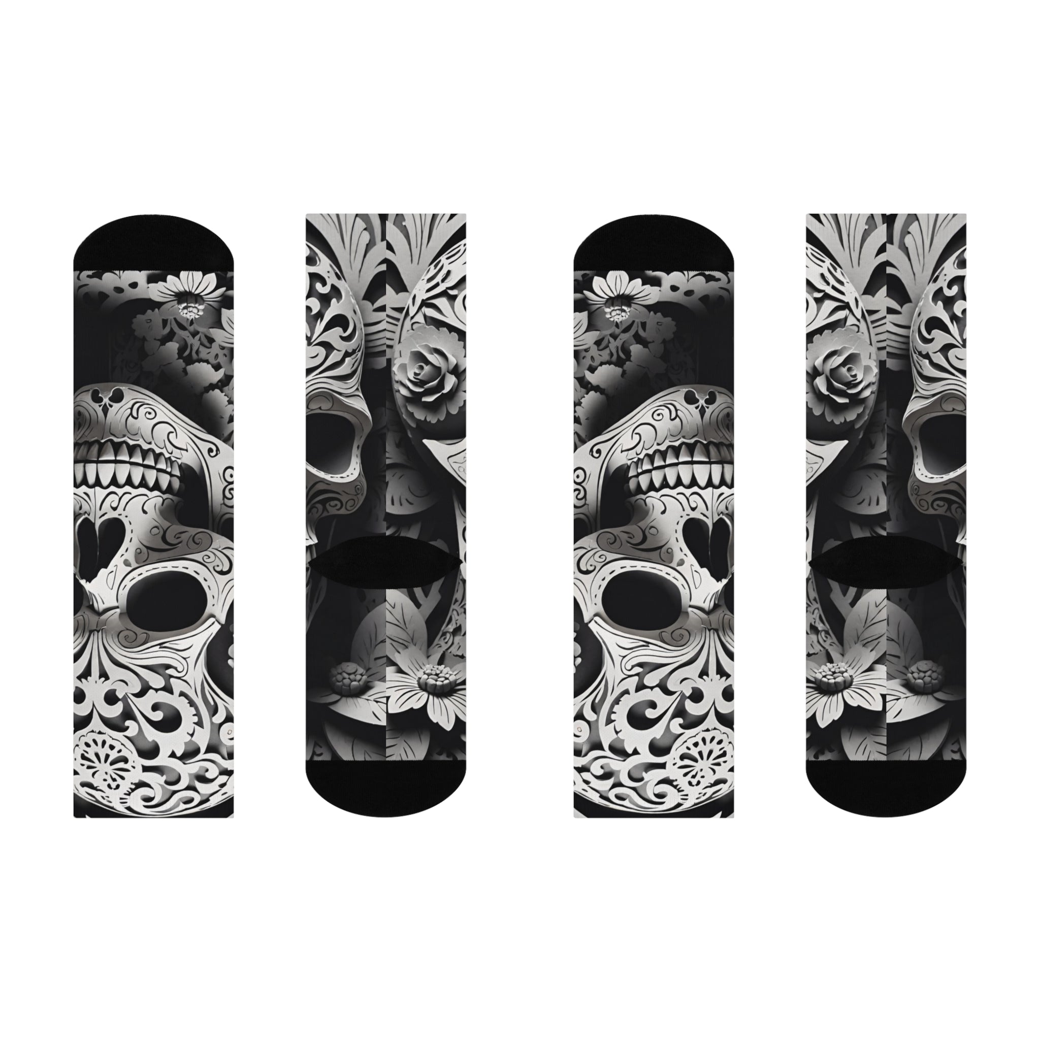 Skull Calavera Cushioned Crew Socks | Day of the Dead Black & White