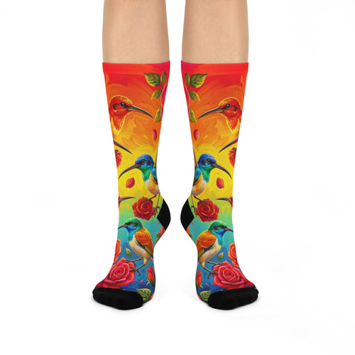 Colorful Hummingbirds and Roses Cushioned Crew Socks | Floral Bird Pattern
