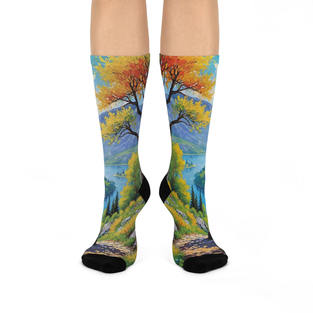 Mountain Hiker Crew Socks - Impressionist Autumn Forest and Lake Landscape Art