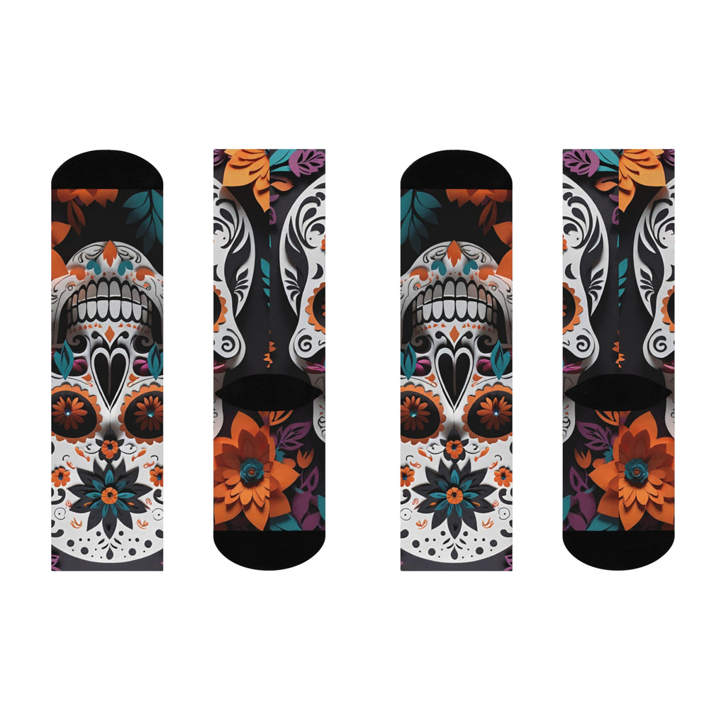 Calavera Blue and orange Floral Crew Socks | Day of the Dead Floral Pattern