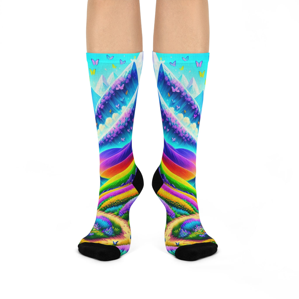 Rainbow Alpine Mountain Crew Socks - Vibrant Butterfly and Snowy Peak Art 1