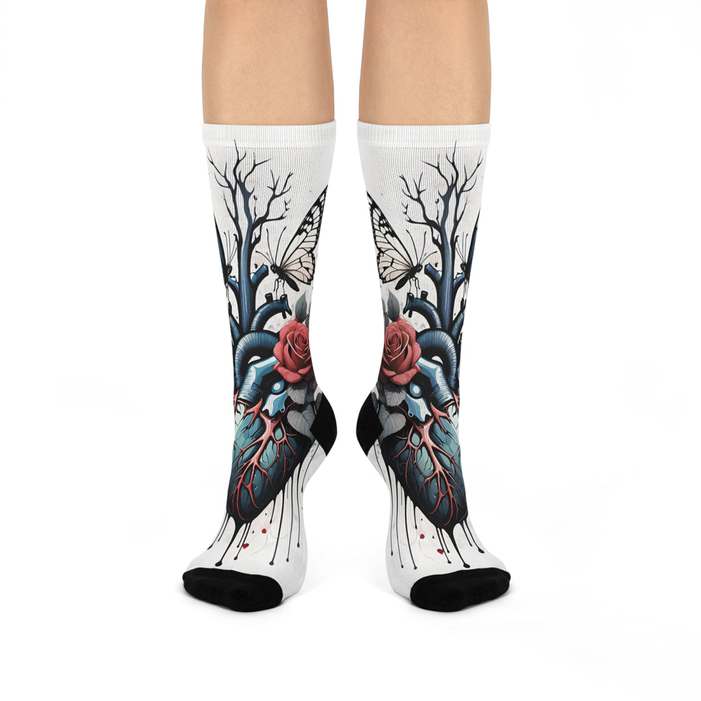 Anatomical Heart with Roses and Butterflies Crew Socks | Cushioned