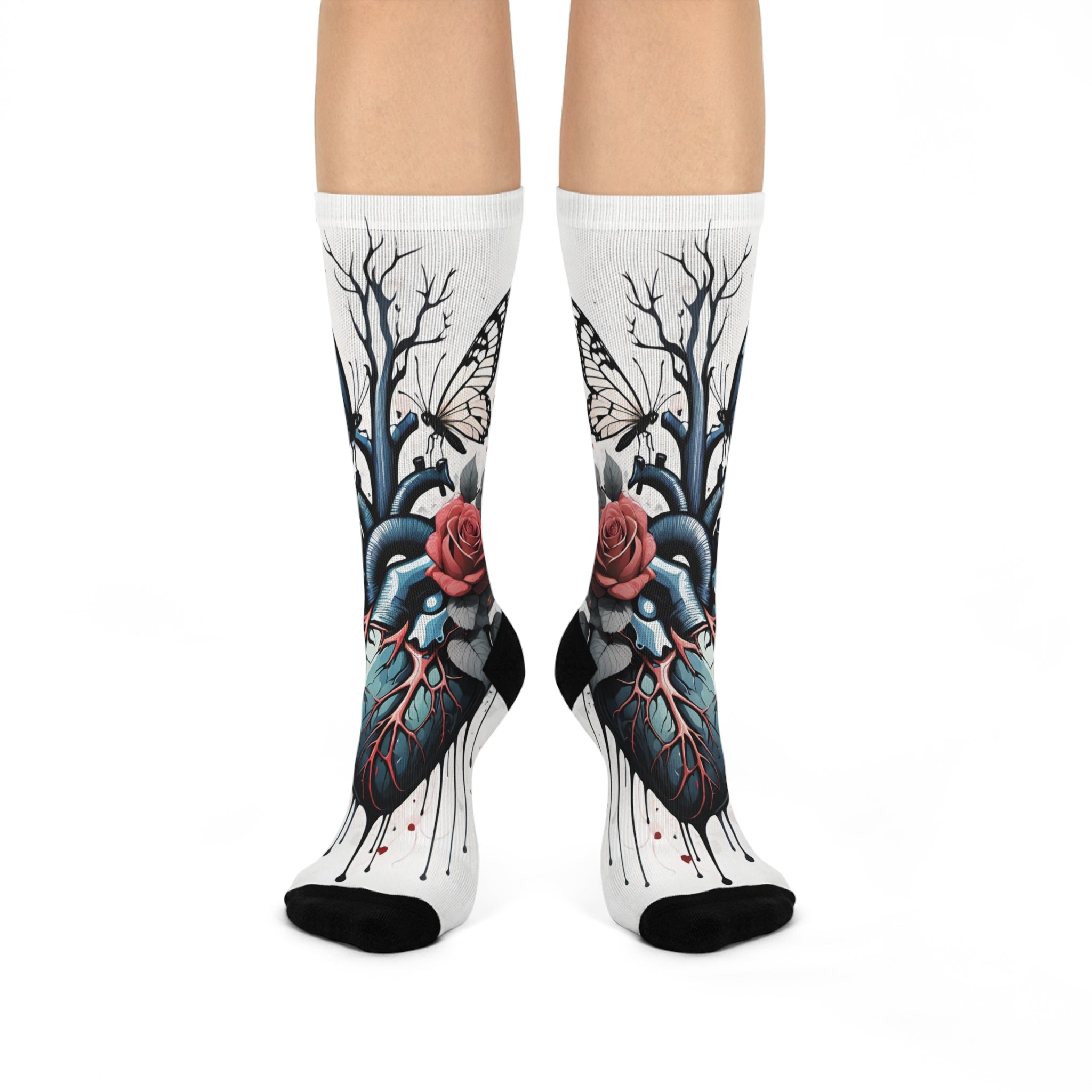 Anatomical Heart with Roses and Butterflies Crew Socks | Cushioned
