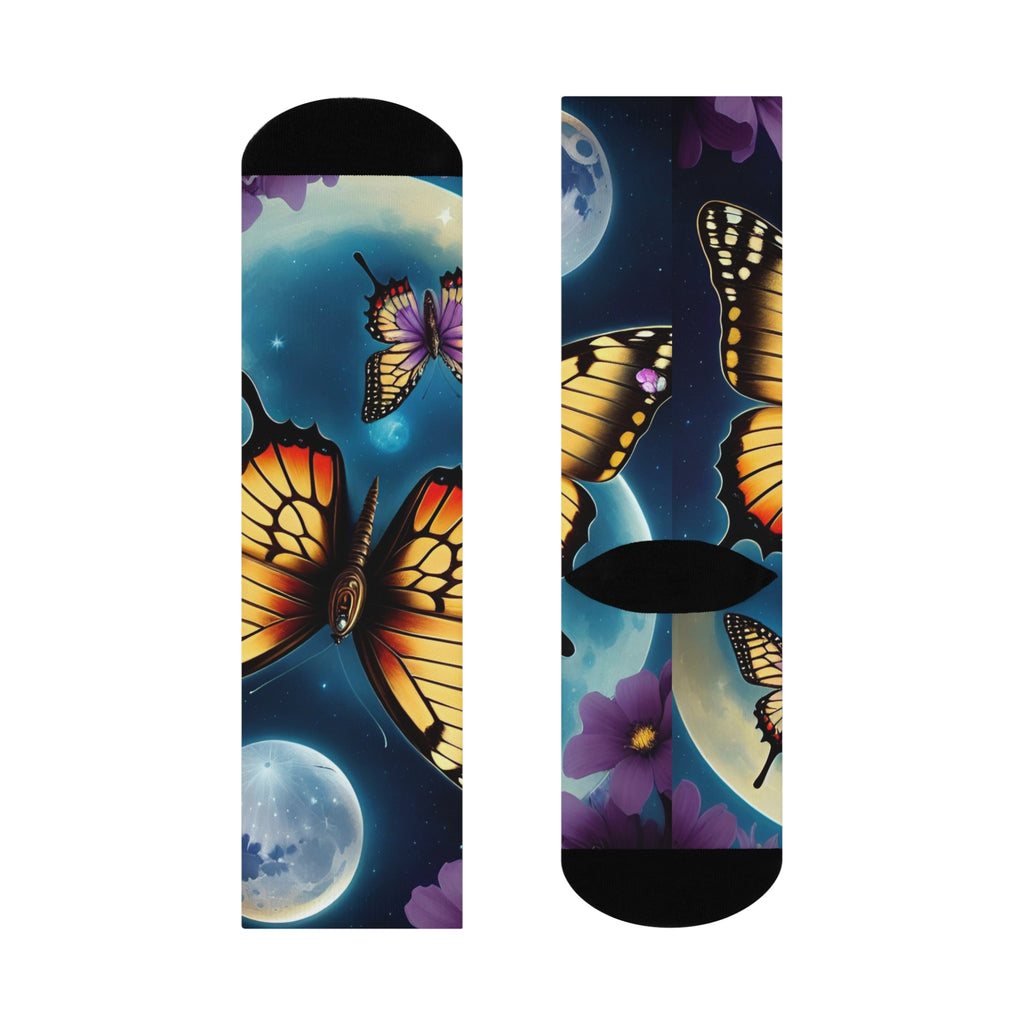 Midnight Monarch Butterfly Socks-Surreal Moon and Monarch Wings Crew Socks.