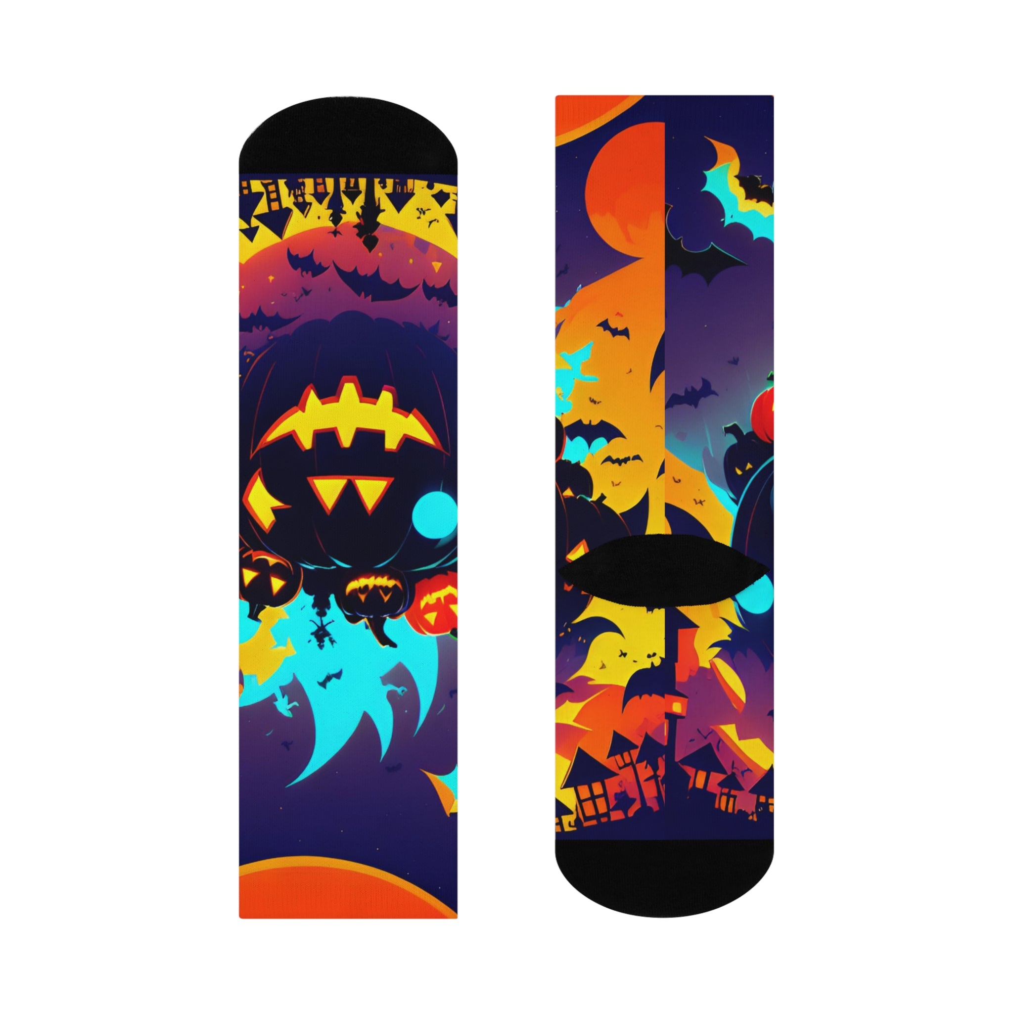 Pumpkin Night Scene Cushioned Crew Socks | Halloween Jack-o'-Lantern Bats