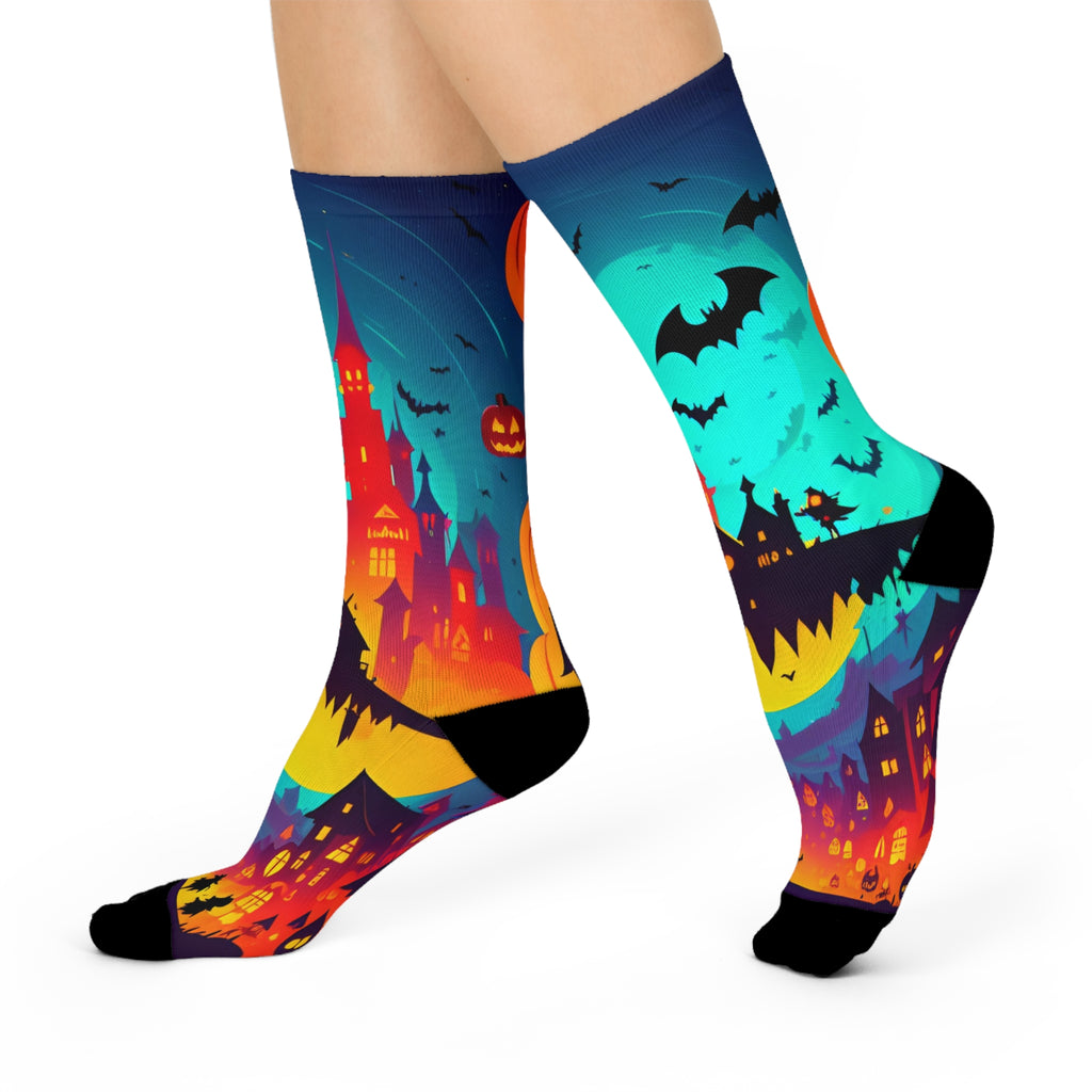 Halloween Haunted Castle Cushioned Crew Socks | Bats Jack-o'-Lantern Night
