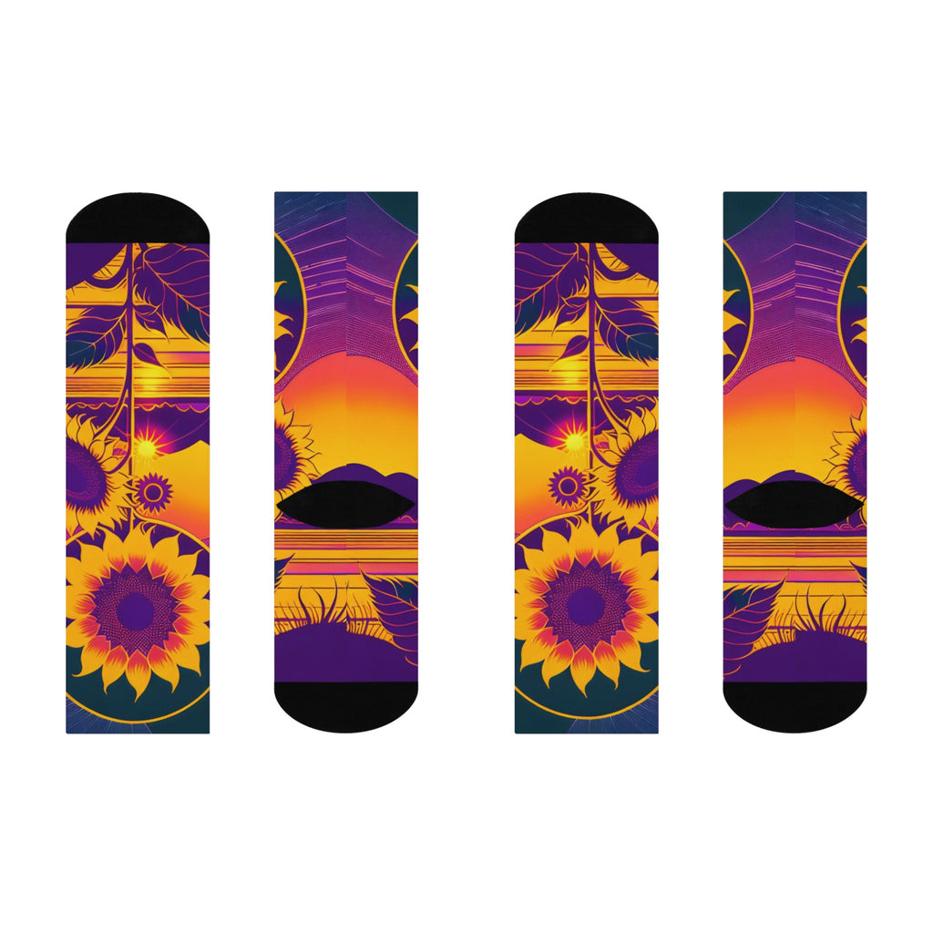 Cosmic Sunflower Sunset Crew Socks -Boho Mountain Landscape Art