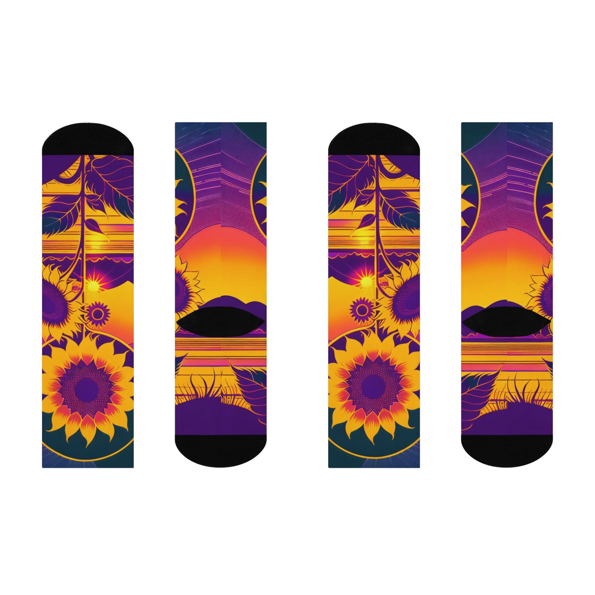 Cosmic Sunflower Sunset Crew Socks -Boho Mountain Landscape Art