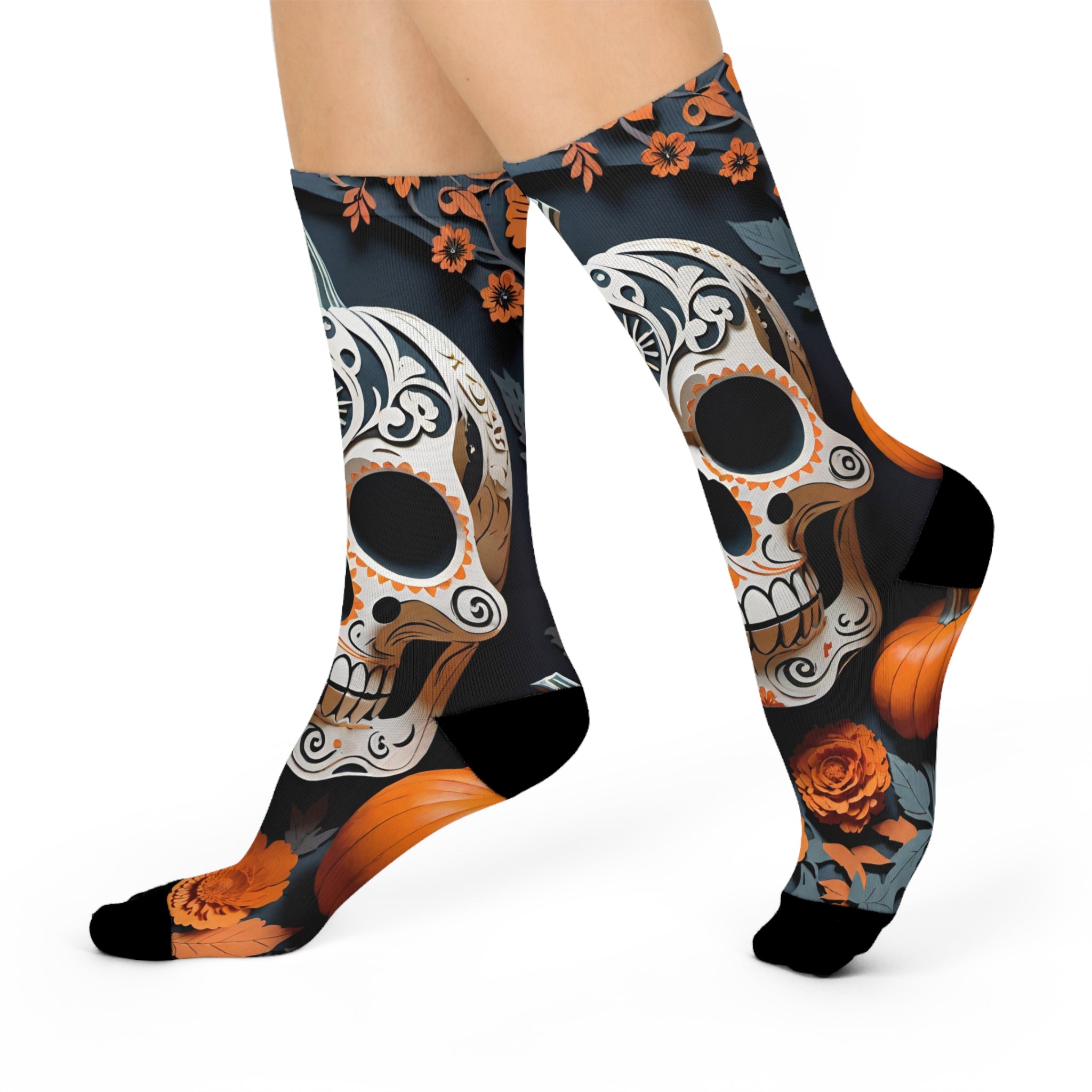 Sugar Skull Pumpkin Socks | Halloween Day of the Dead Crew Socks