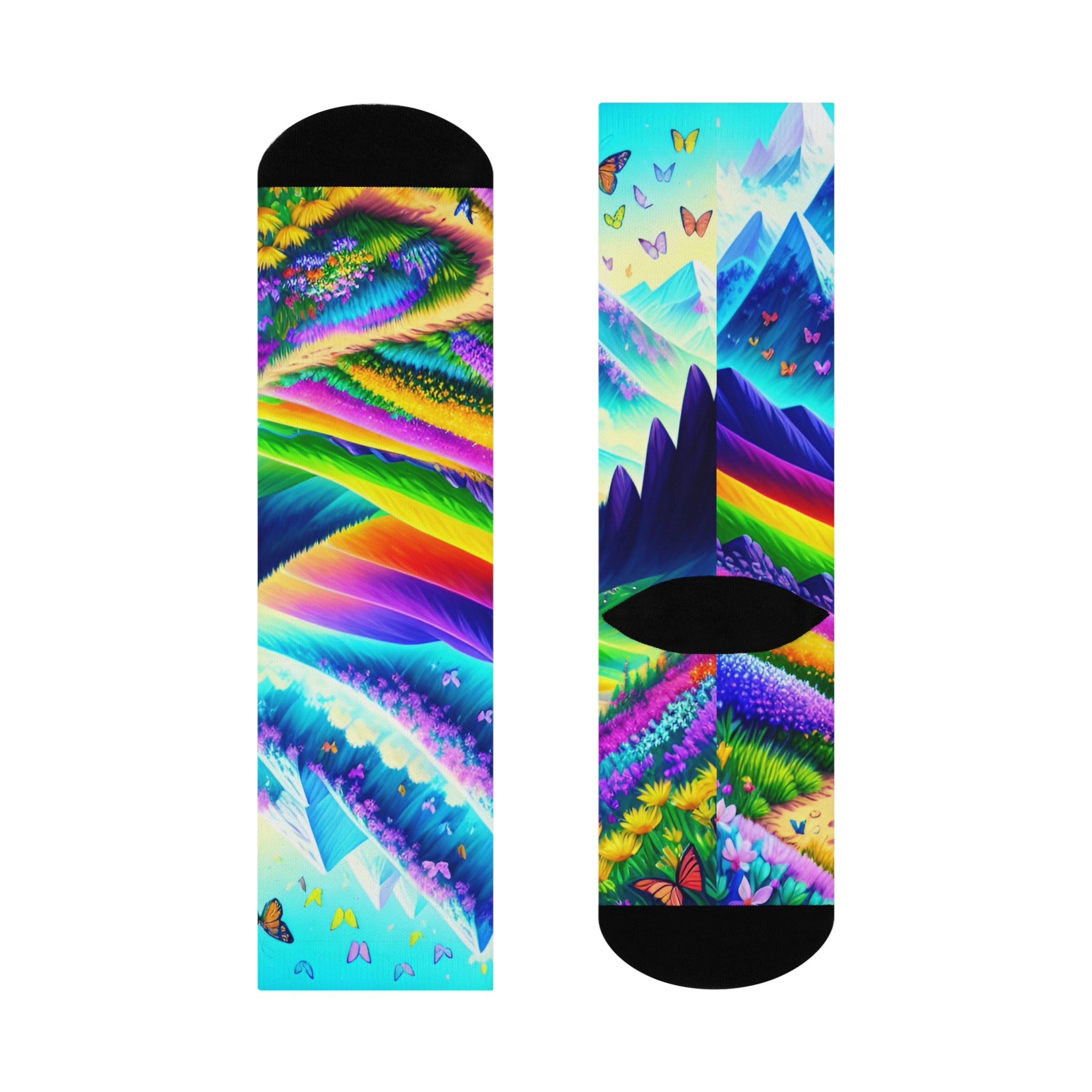 Rainbow Alpine Mountain Crew Socks - Vibrant Butterfly and Snowy Peak Art 1