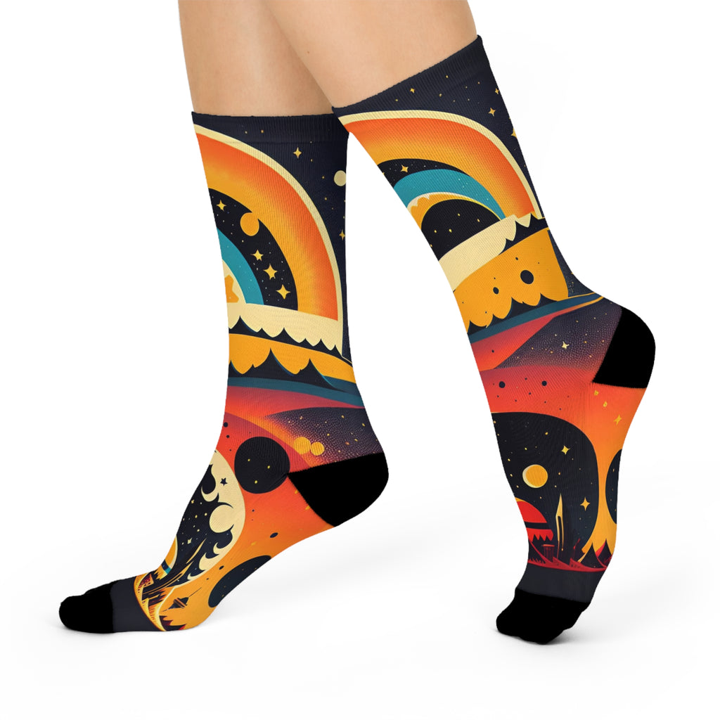 Retro Rainbow Sunset Moon & Stars Cushioned Crew Socks | Cosmic Landscape