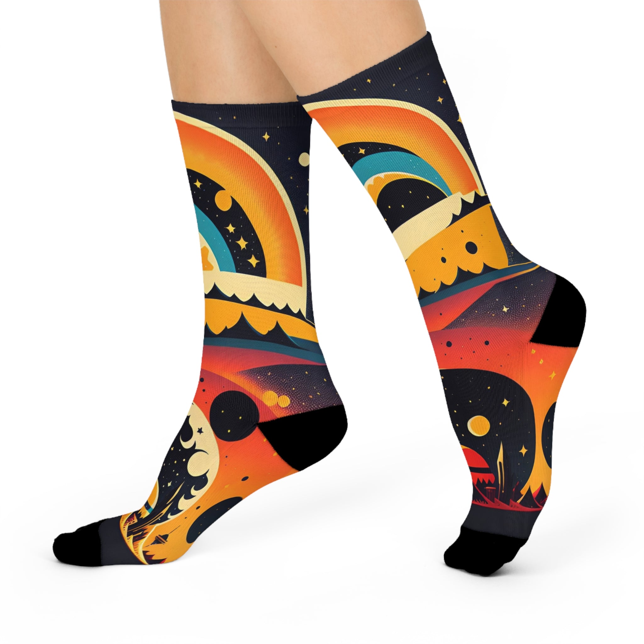 Retro Rainbow Sunset Moon & Stars Cushioned Crew Socks | Cosmic Landscape